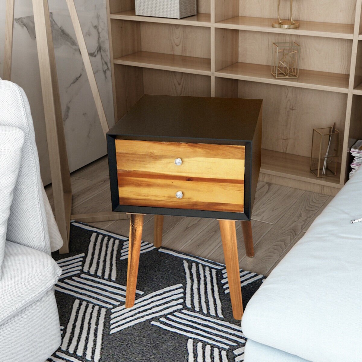 Mid-Century Wooden Multipurpose End Table with 2 Storage Drawers, Black Nightstands   at Gallery Canada