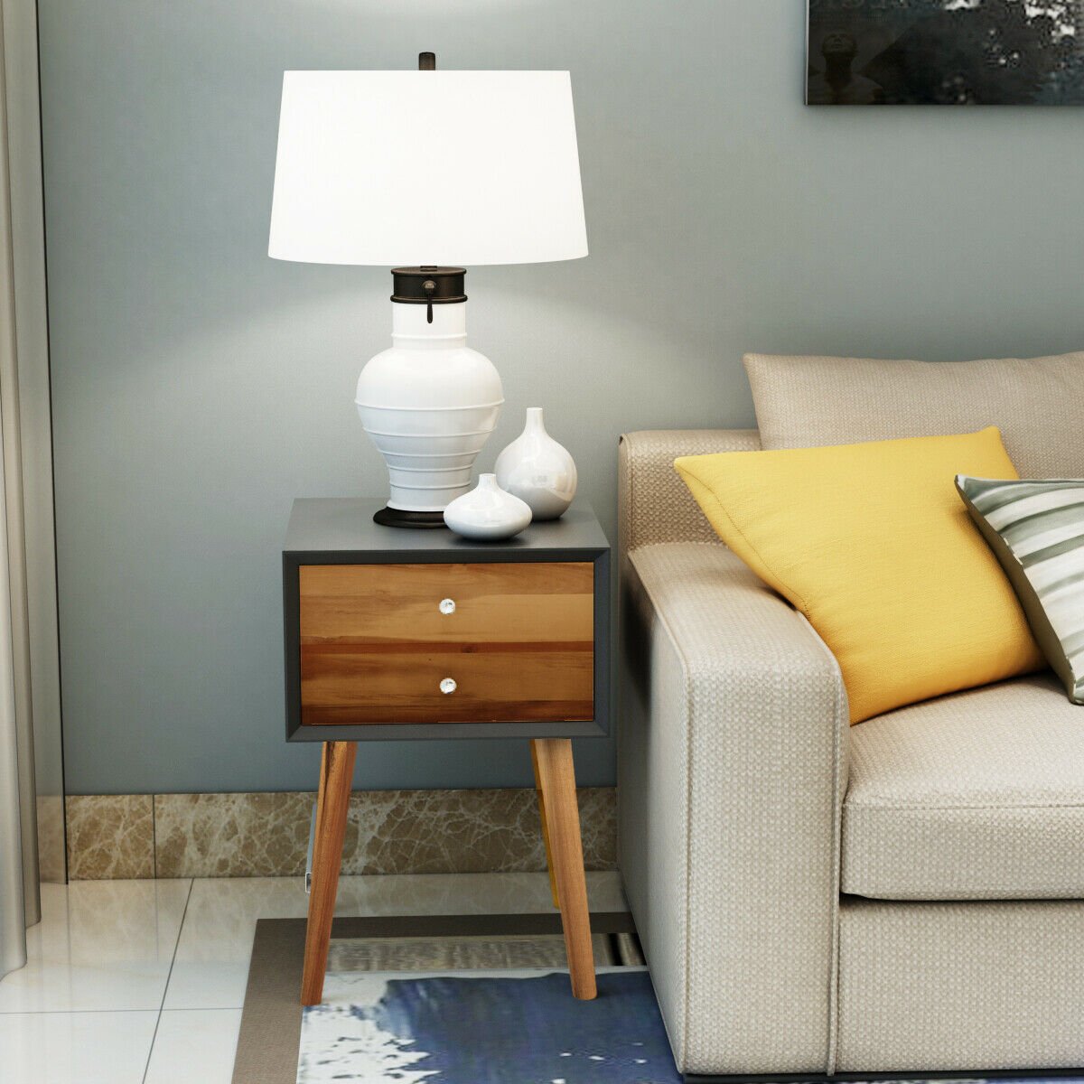 Mid-Century Wooden Multipurpose End Table with 2 Storage Drawers, Black Nightstands   at Gallery Canada