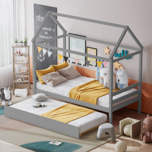 Kids Platform Bed Frame with Roof for Bedroom, Gray