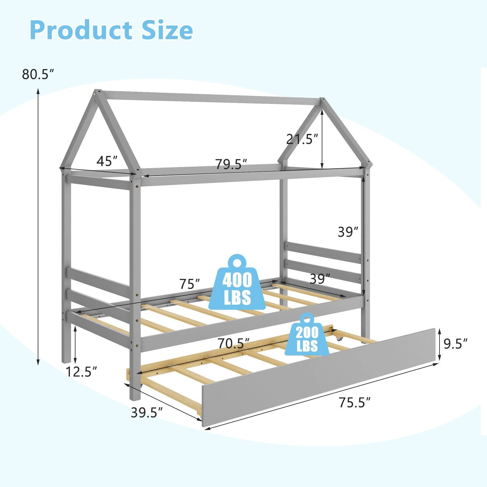 Kids Platform Bed Frame with Roof for Bedroom, Gray Trundle Bed Frame   at Gallery Canada