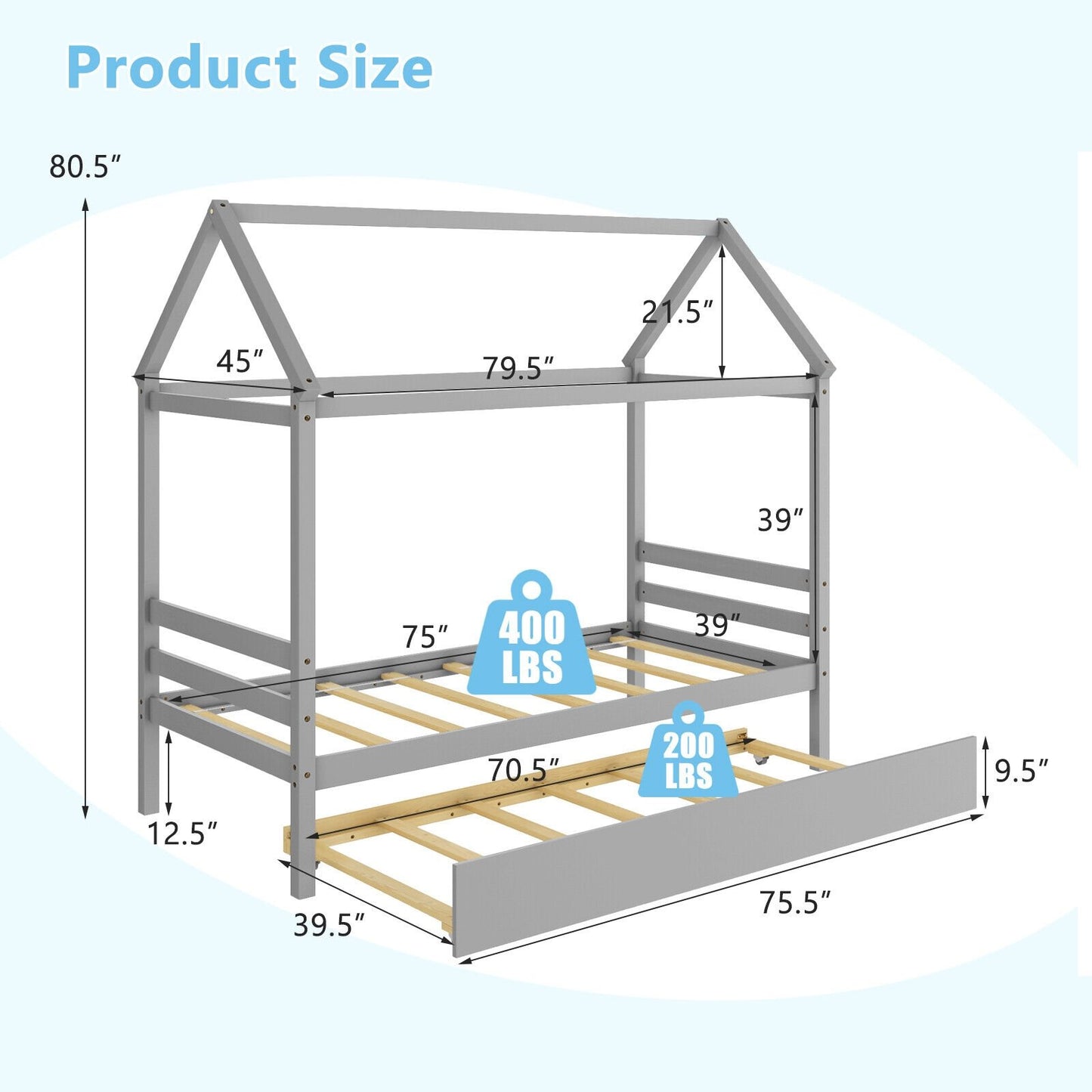 Kids Platform Bed Frame with Roof for Bedroom, Gray Trundle Bed Frame   at Gallery Canada