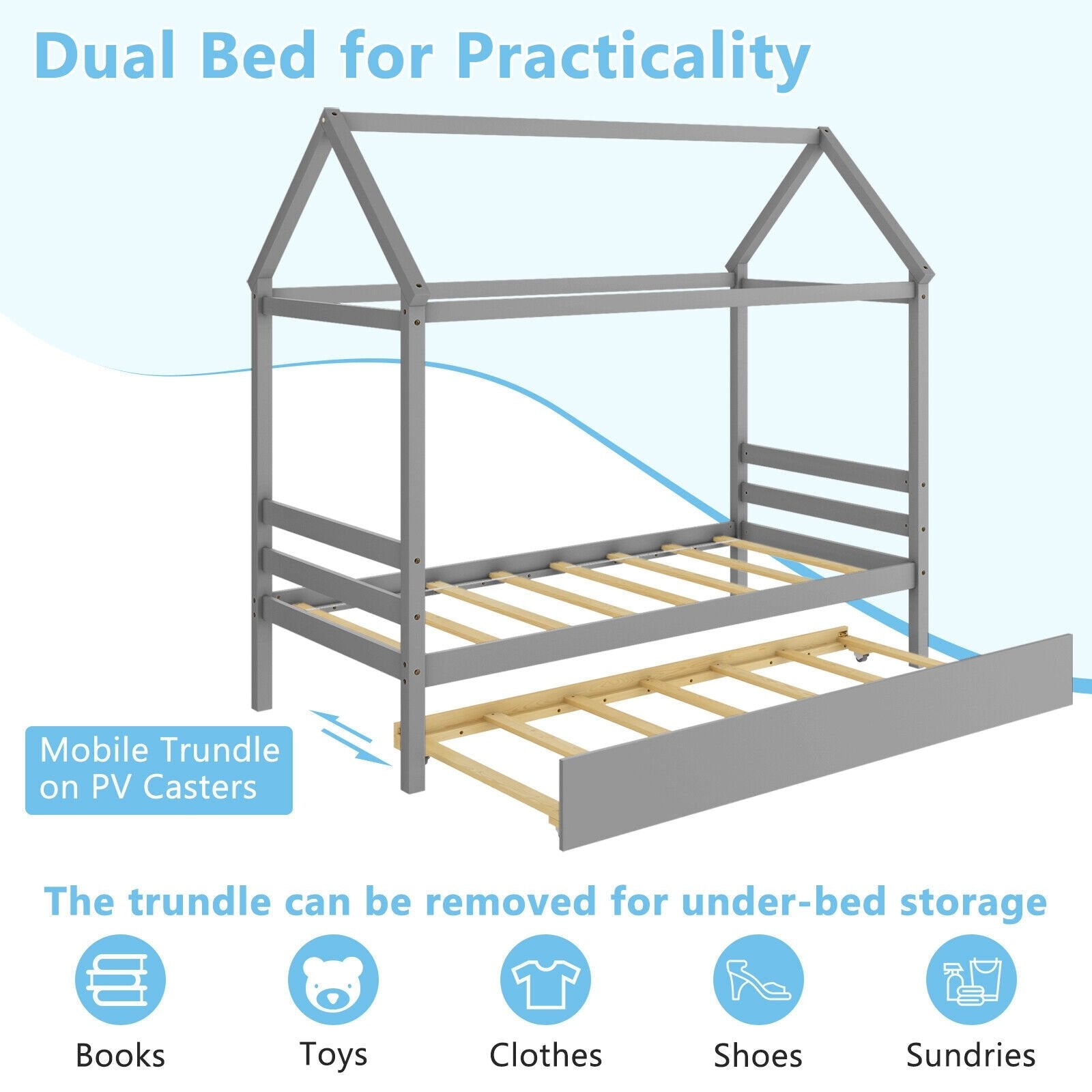 Kids Platform Bed Frame with Roof for Bedroom, Gray Trundle Bed Frame   at Gallery Canada