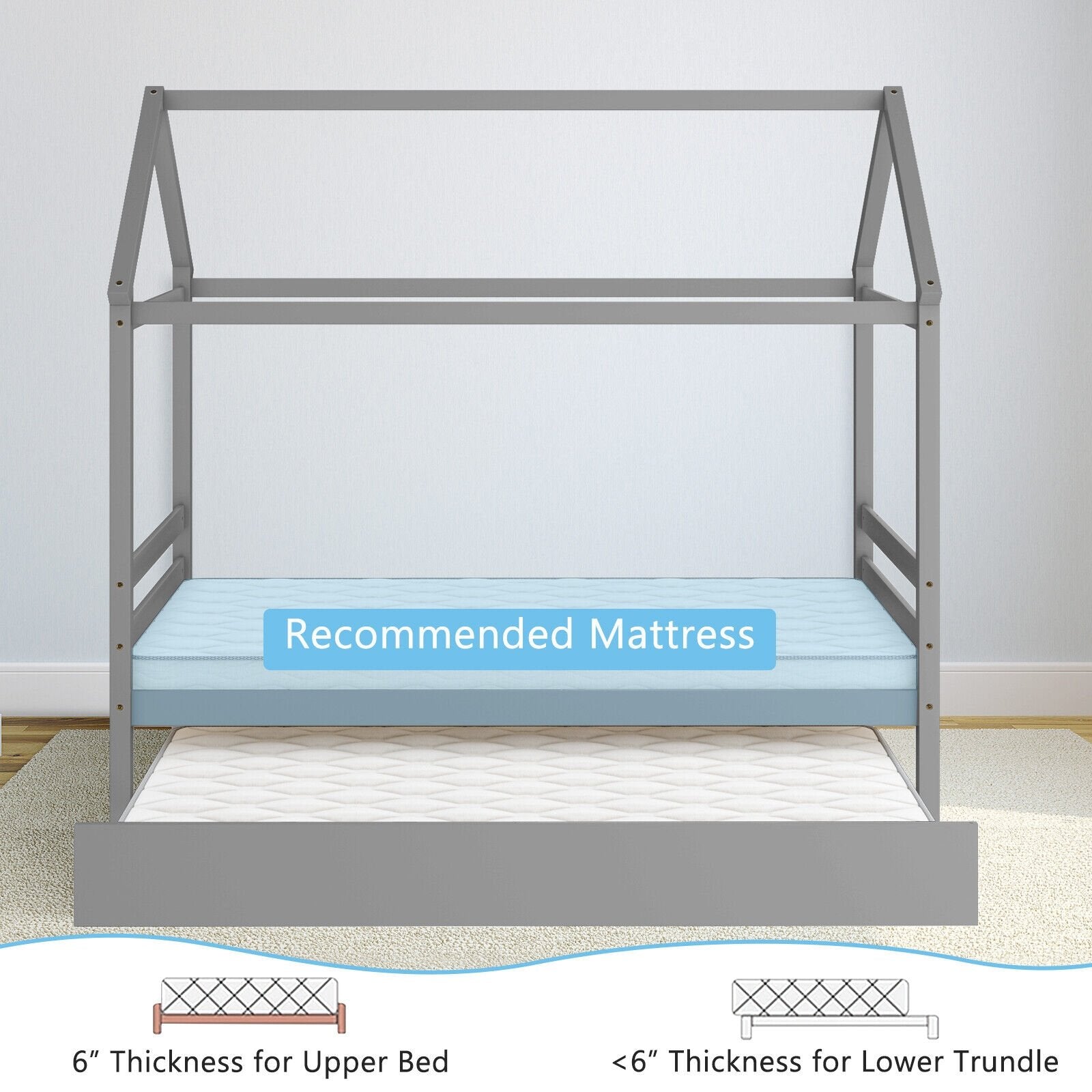 Kids Platform Bed Frame with Roof for Bedroom, Gray Trundle Bed Frame   at Gallery Canada