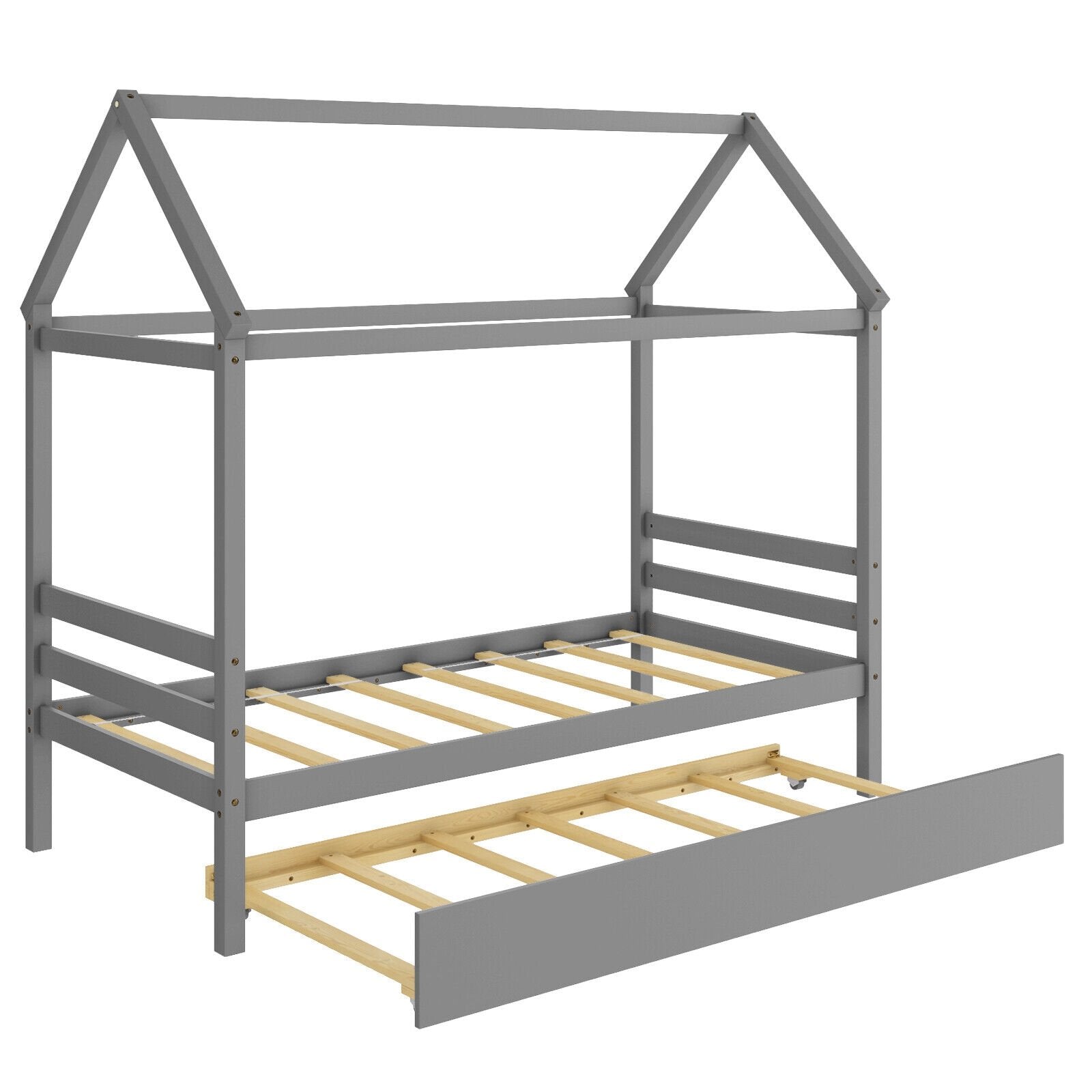 Kids Platform Bed Frame with Roof for Bedroom, Gray Trundle Bed Frame   at Gallery Canada