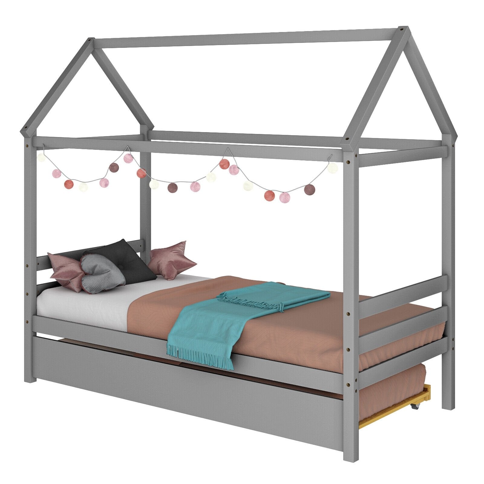 Kids Platform Bed Frame with Roof for Bedroom, Gray Trundle Bed Frame   at Gallery Canada