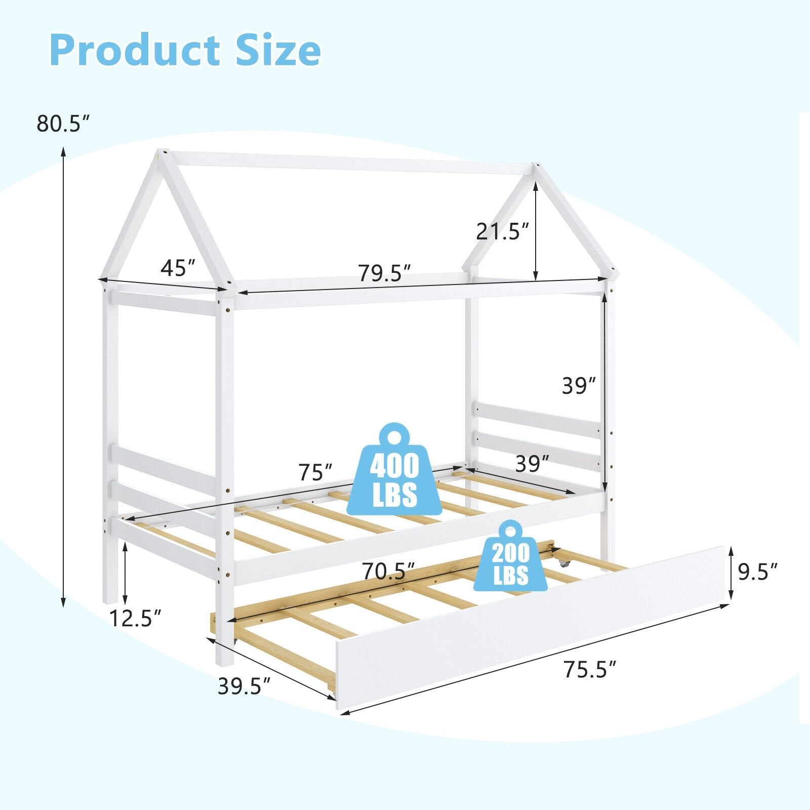 Kids Platform Bed Frame with Roof for Bedroom, White Trundle Bed Frame   at Gallery Canada