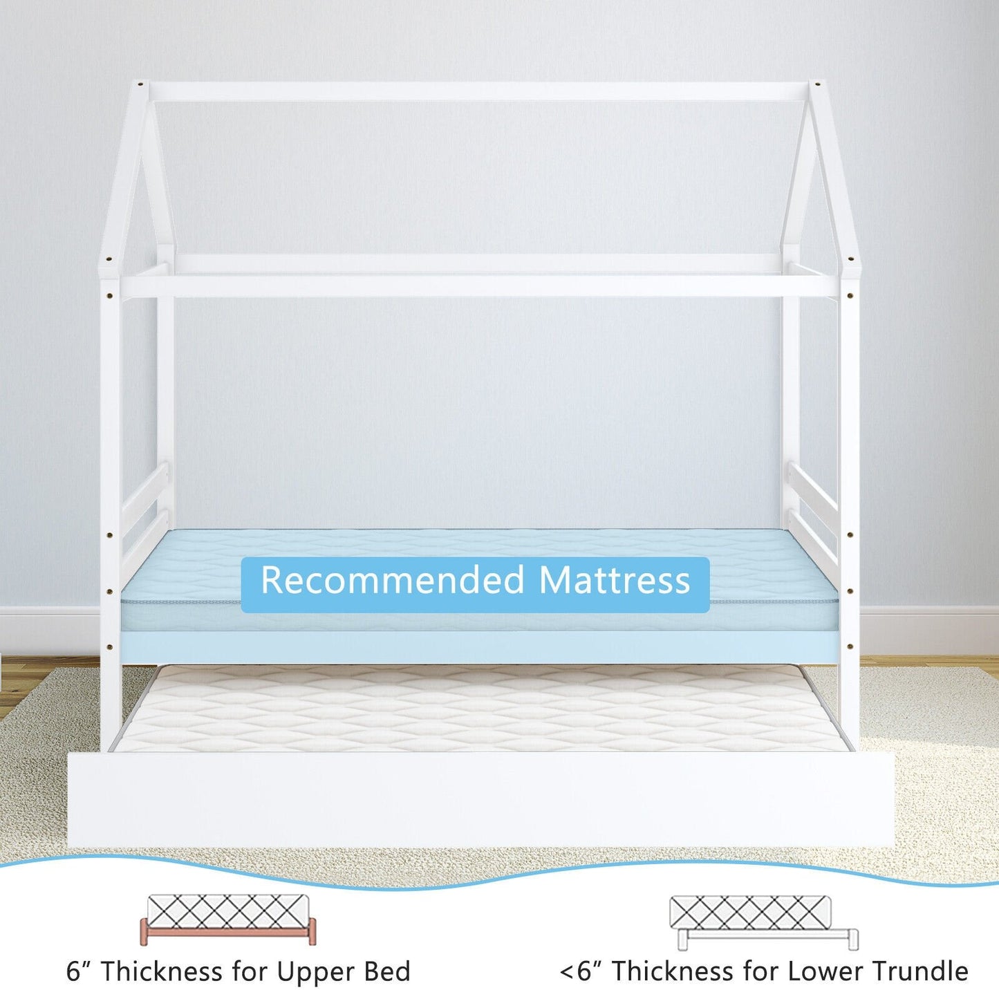 Kids Platform Bed Frame with Roof for Bedroom, White Trundle Bed Frame   at Gallery Canada