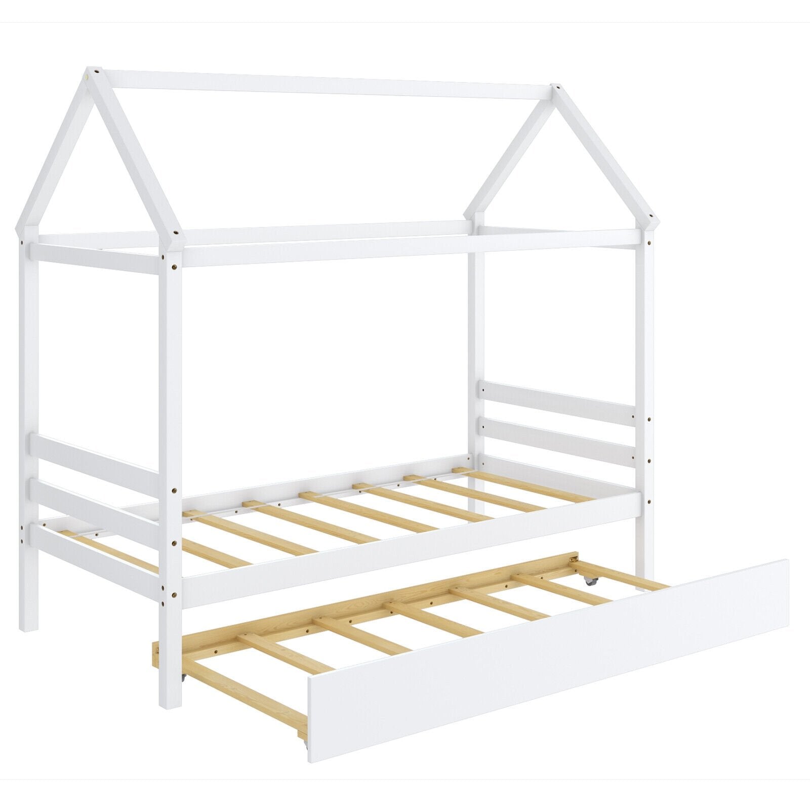 Kids Platform Bed Frame with Roof for Bedroom, White Trundle Bed Frame   at Gallery Canada