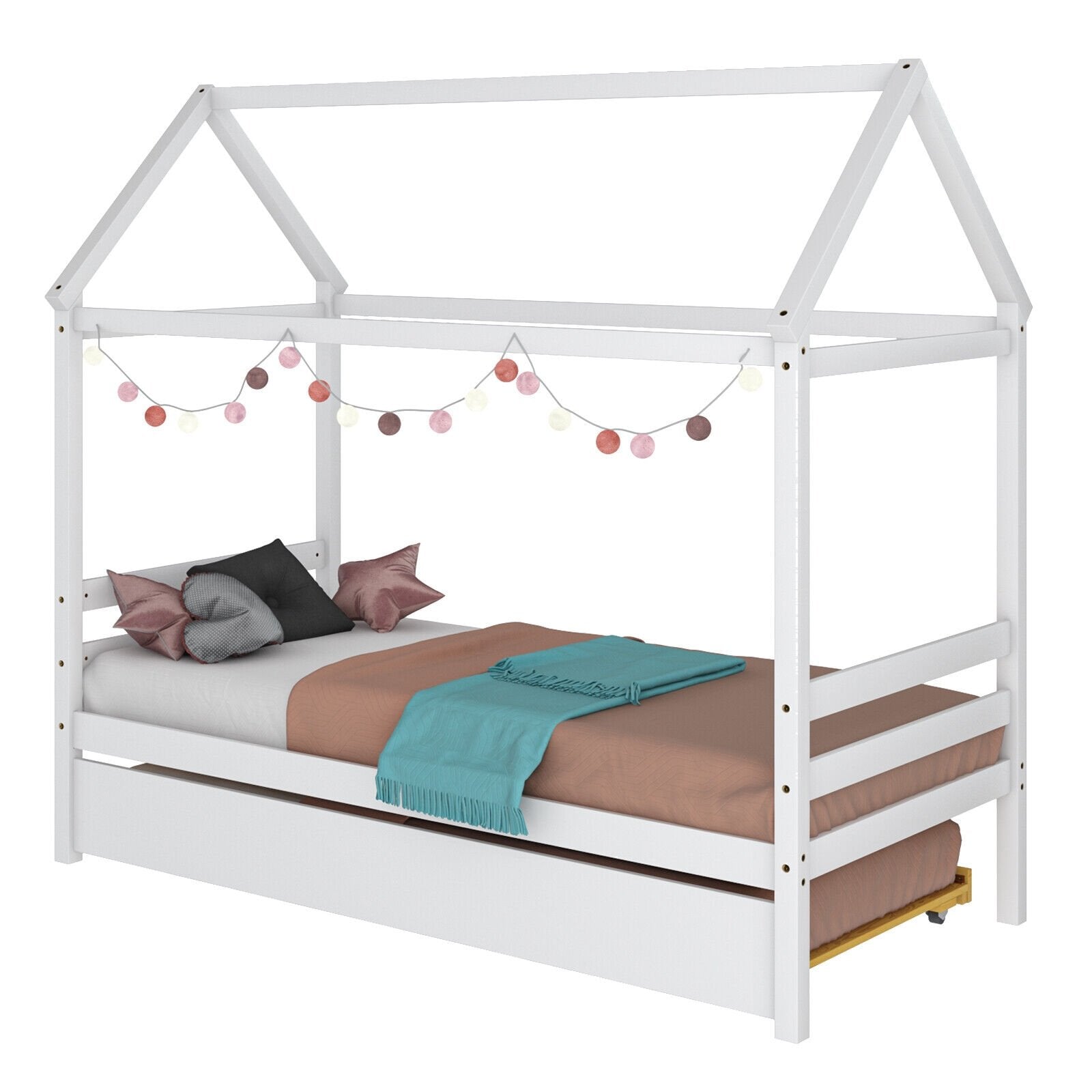 Kids Platform Bed Frame with Roof for Bedroom, White Trundle Bed Frame   at Gallery Canada