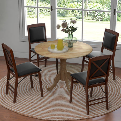 Wooden Dining Table with Round Tabletop and Curved Trestle Legs, Natural