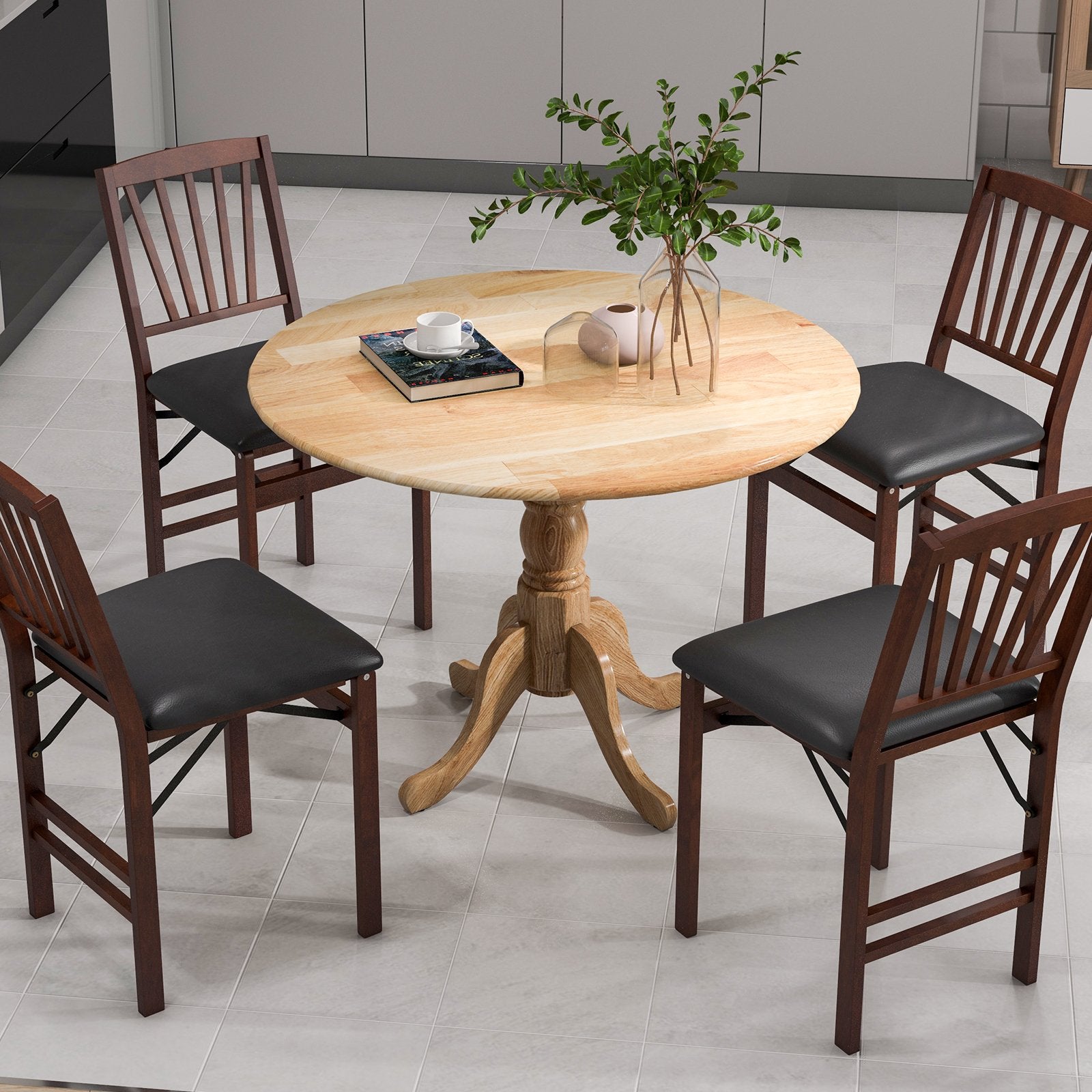 Wooden Dining Table with Round Tabletop and Curved Trestle Legs, Natural Dining Tables   at Gallery Canada