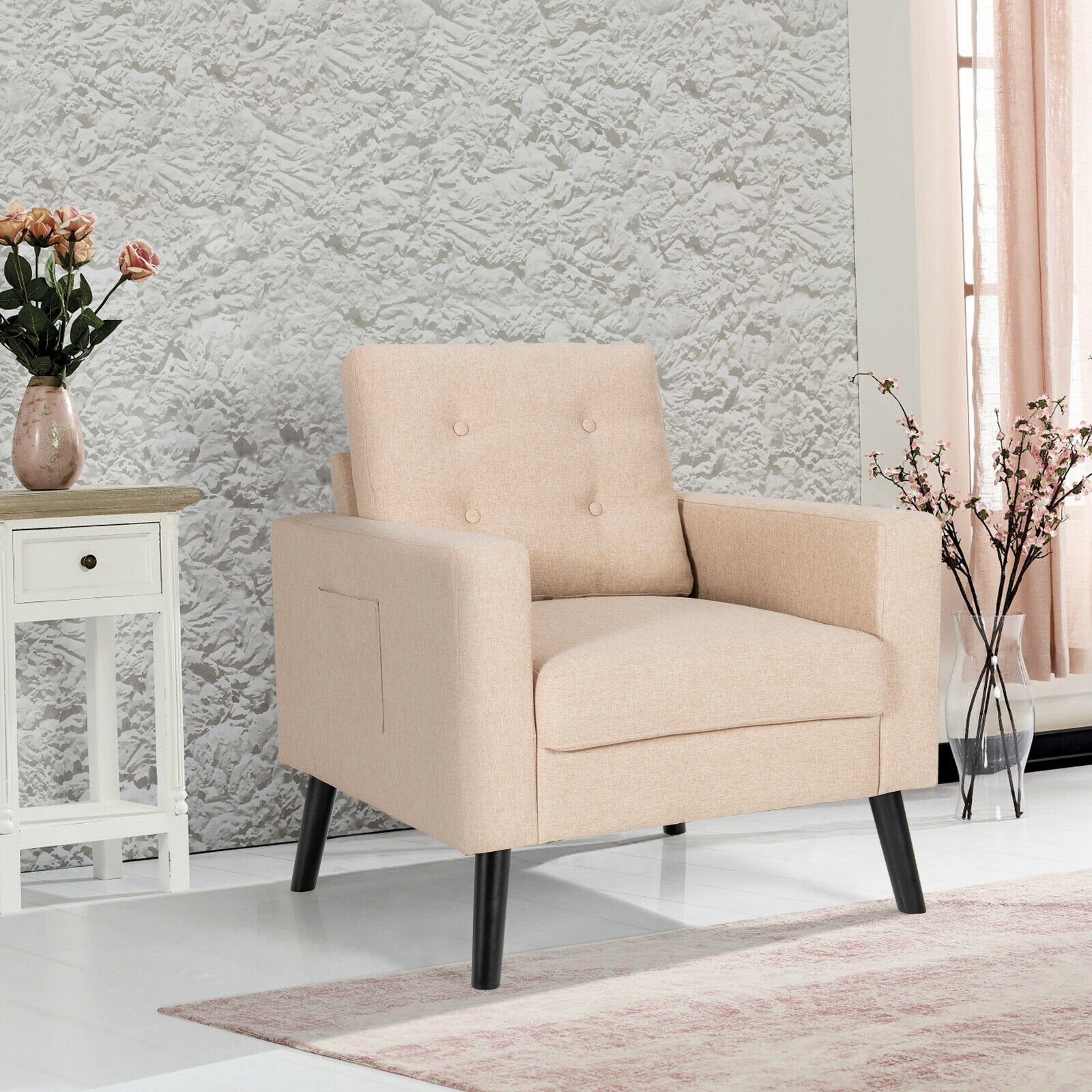 Modern Tufted Accent Chair w/ Rubber Wood Legs, Beige Accent Chairs   at Gallery Canada