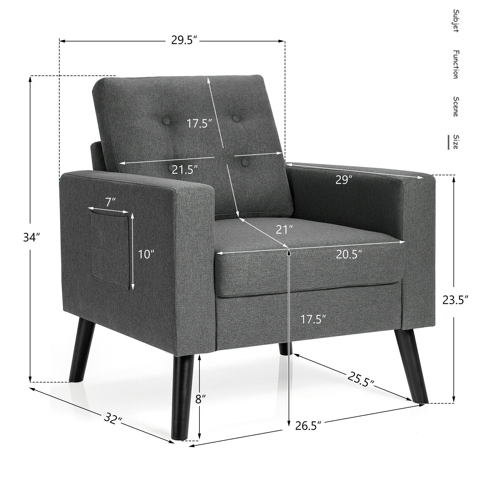 Mid-Century Upholstered Armchair Club Chair with Rubber Wood Legs, Gray Accent Chairs   at Gallery Canada