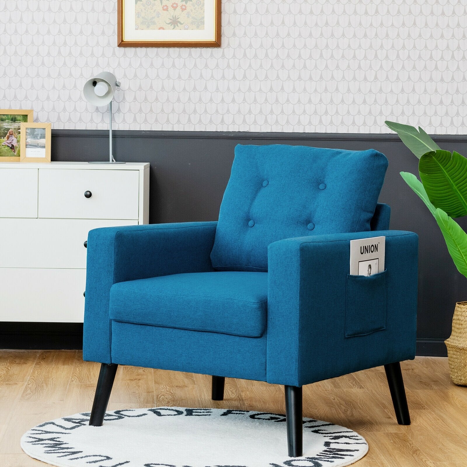 Modern Tufted Accent Chair w/ Rubber Wood Legs, Blue Accent Chairs   at Gallery Canada