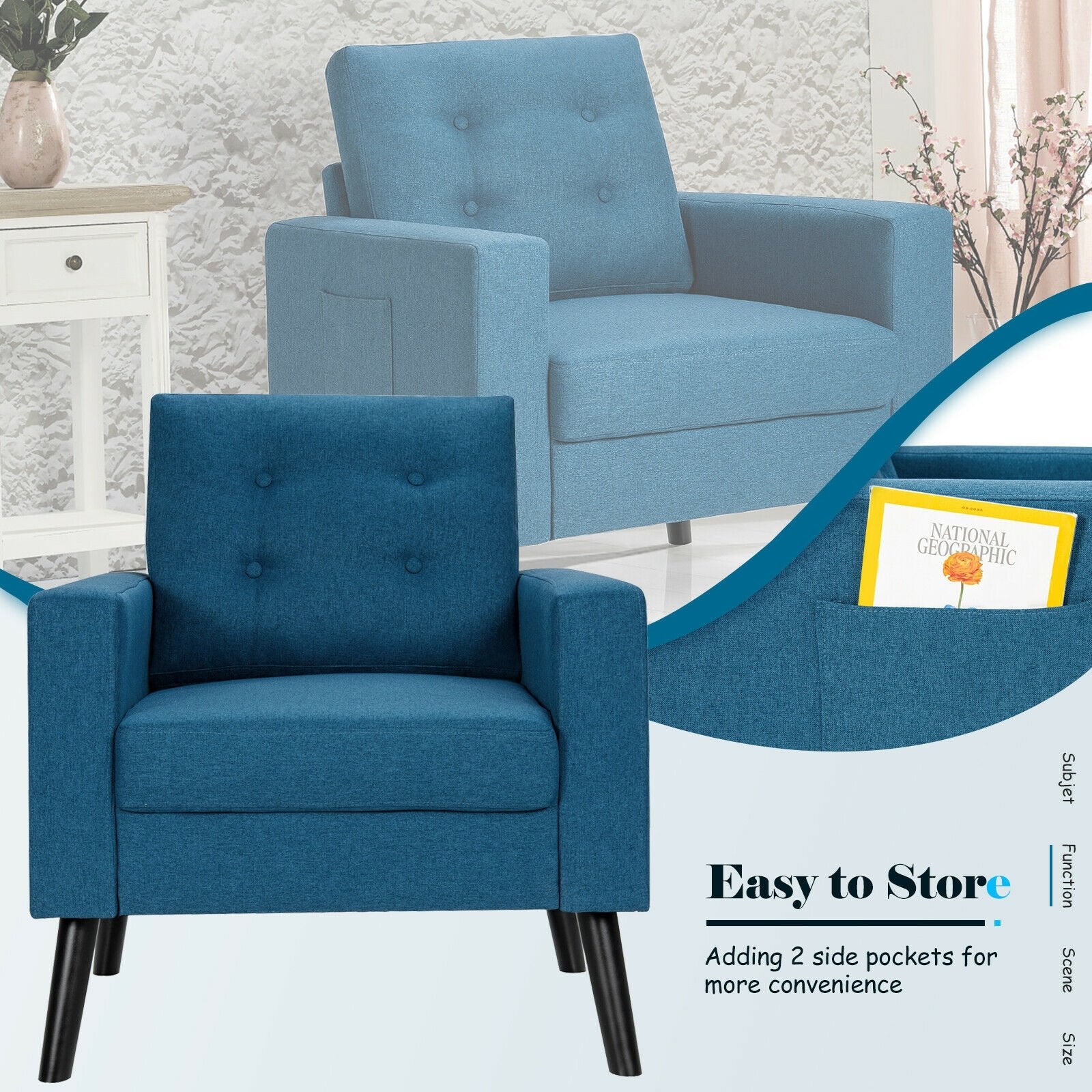 Modern Tufted Accent Chair w/ Rubber Wood Legs, Blue Accent Chairs   at Gallery Canada