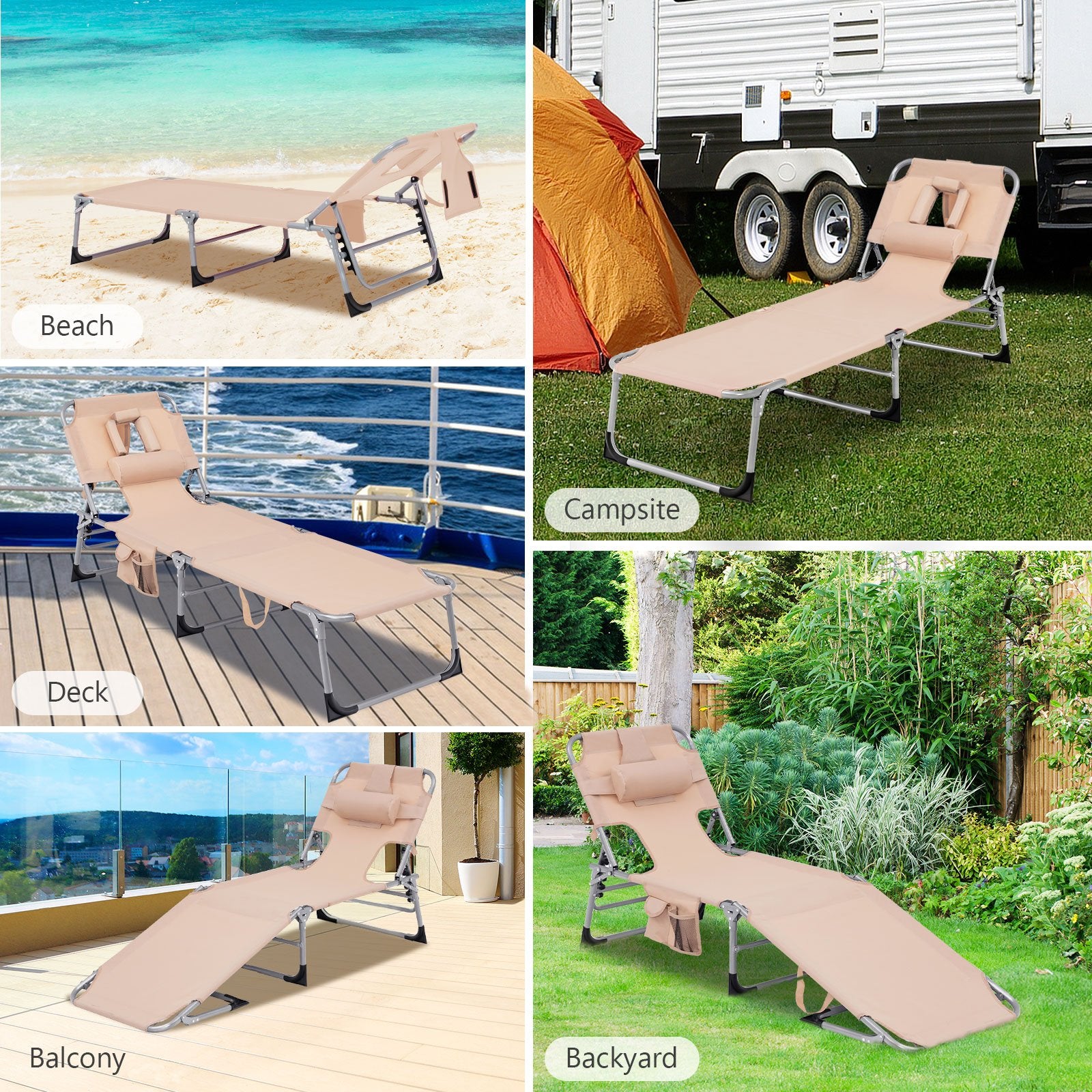 Folding Beach Lounge Chair with Pillow for Outdoor, Beige Outdoor Chaise Lounges   at Gallery Canada