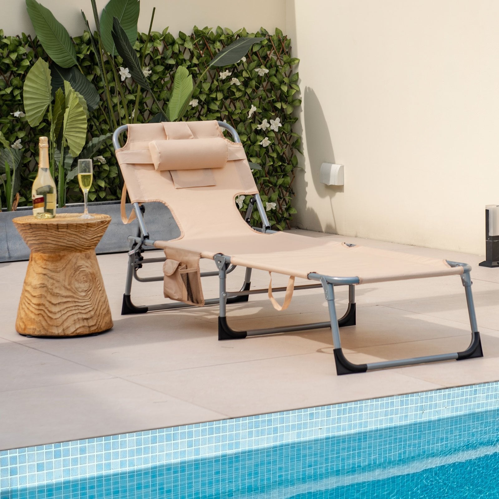 Folding Beach Lounge Chair with Pillow for Outdoor, Beige Outdoor Chaise Lounges   at Gallery Canada