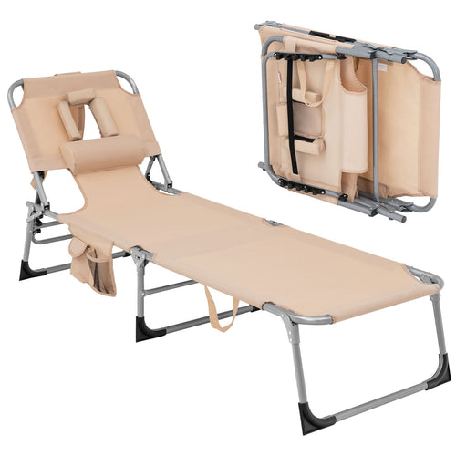 Folding Beach Lounge Chair with Pillow for Outdoor, Beige