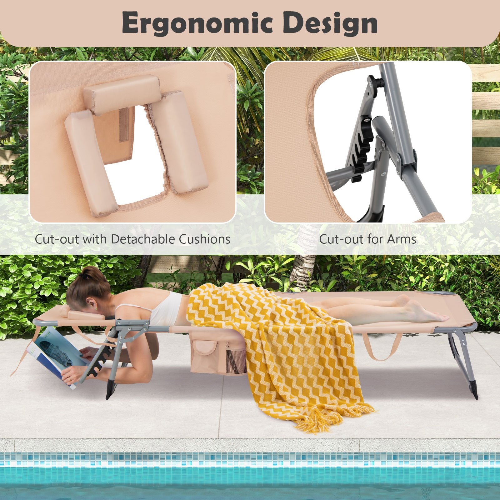 Folding Beach Lounge Chair with Pillow for Outdoor, Beige Outdoor Chaise Lounges   at Gallery Canada