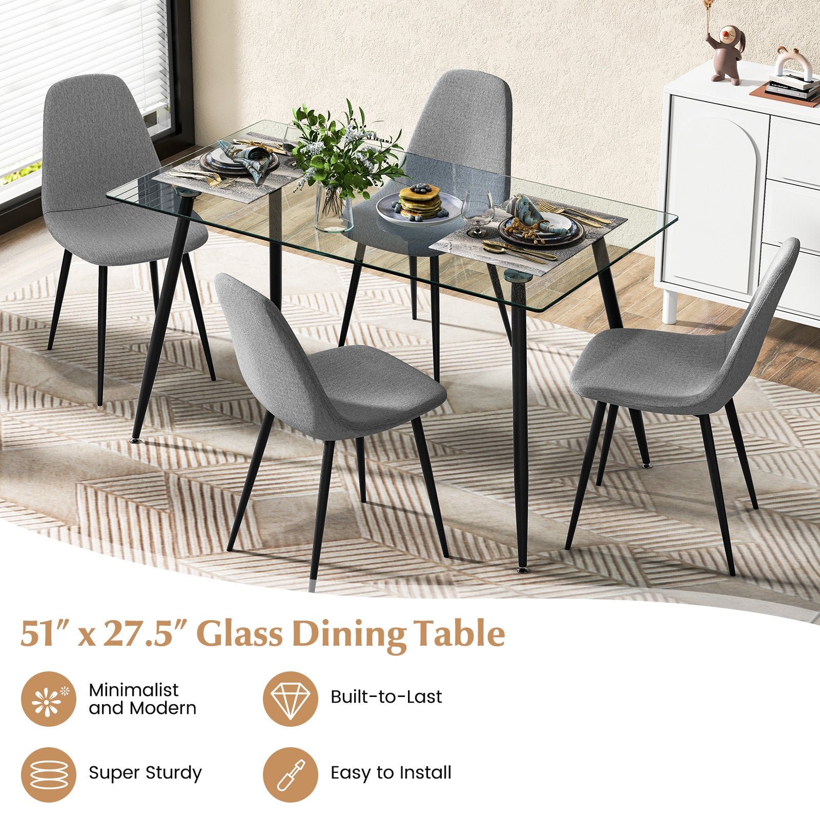 Modern Glass Rectangular Dining Table with Metal Legs, Black Dining Tables   at Gallery Canada