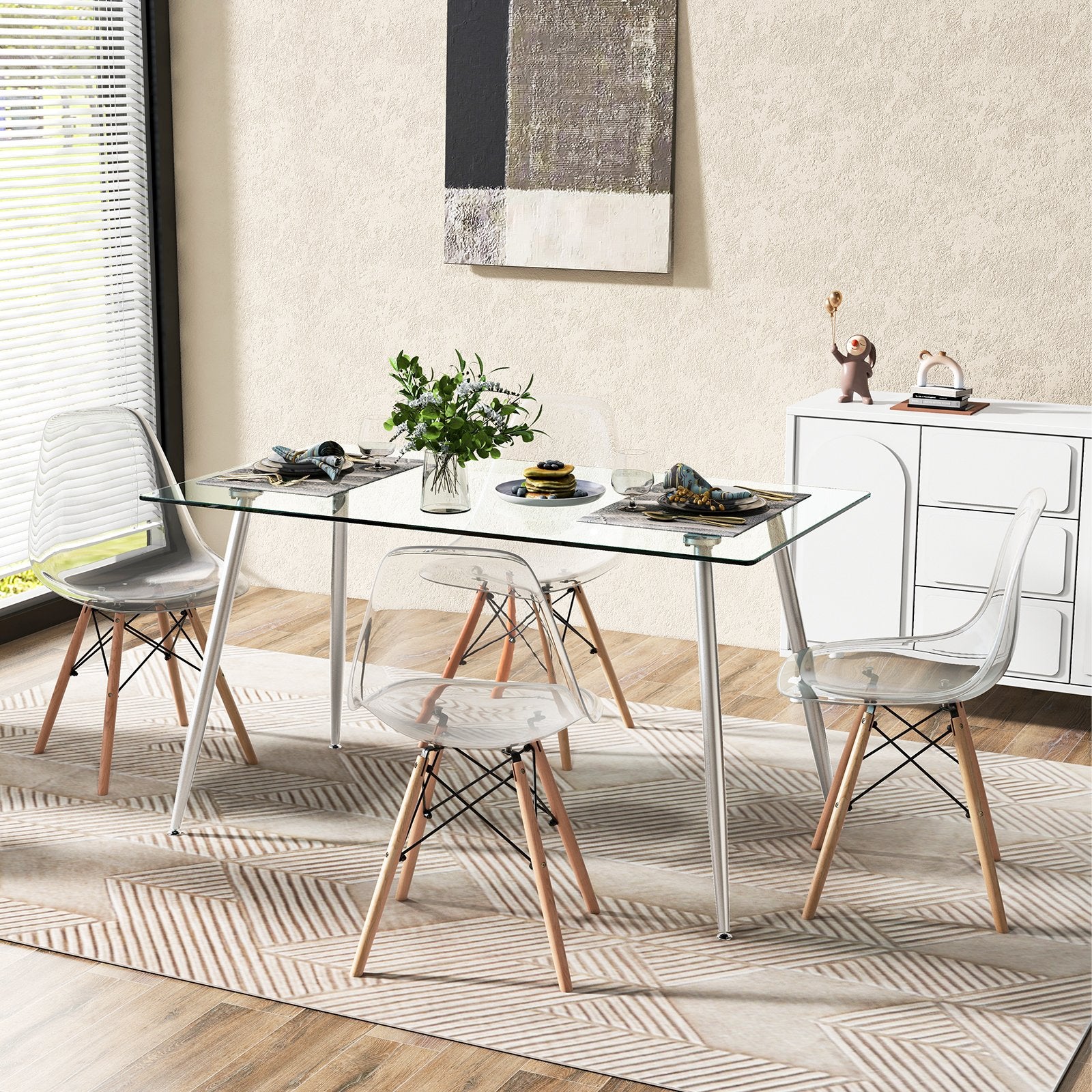 Modern Glass Rectangular Dining Table with Metal Legs, Silver Dining Tables   at Gallery Canada