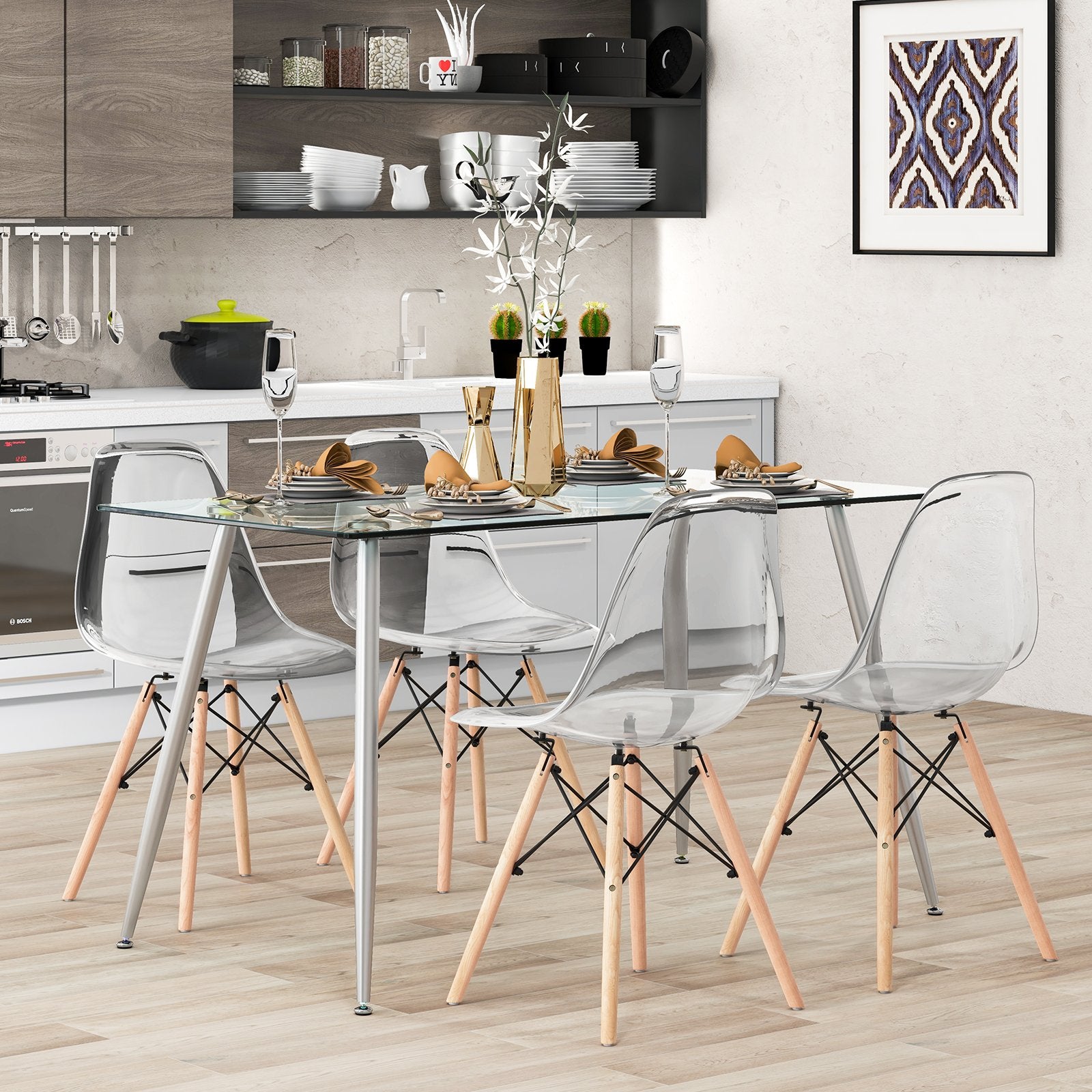 Modern Glass Rectangular Dining Table with Metal Legs, Silver Dining Tables   at Gallery Canada