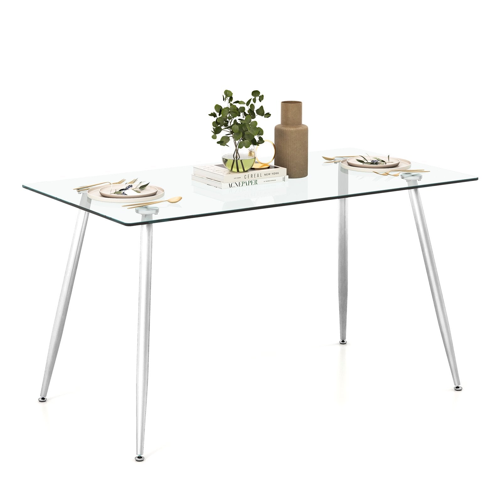 Modern Glass Rectangular Dining Table with Metal Legs, Silver Dining Tables   at Gallery Canada