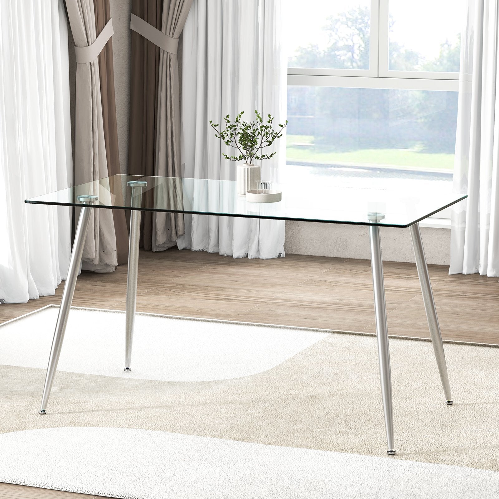 Modern Glass Rectangular Dining Table with Metal Legs, Silver Dining Tables   at Gallery Canada