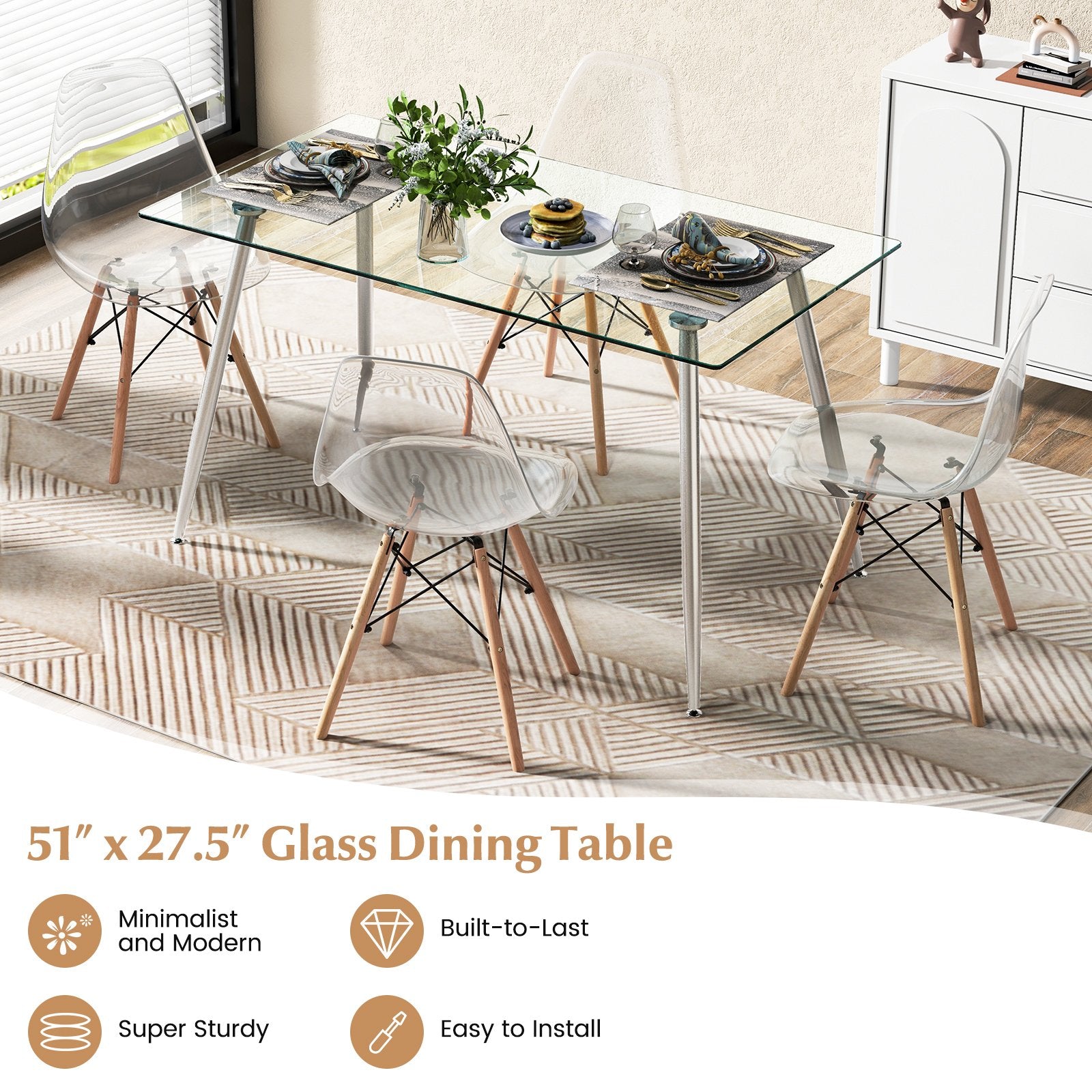 Modern Glass Rectangular Dining Table with Metal Legs, Silver Dining Tables   at Gallery Canada