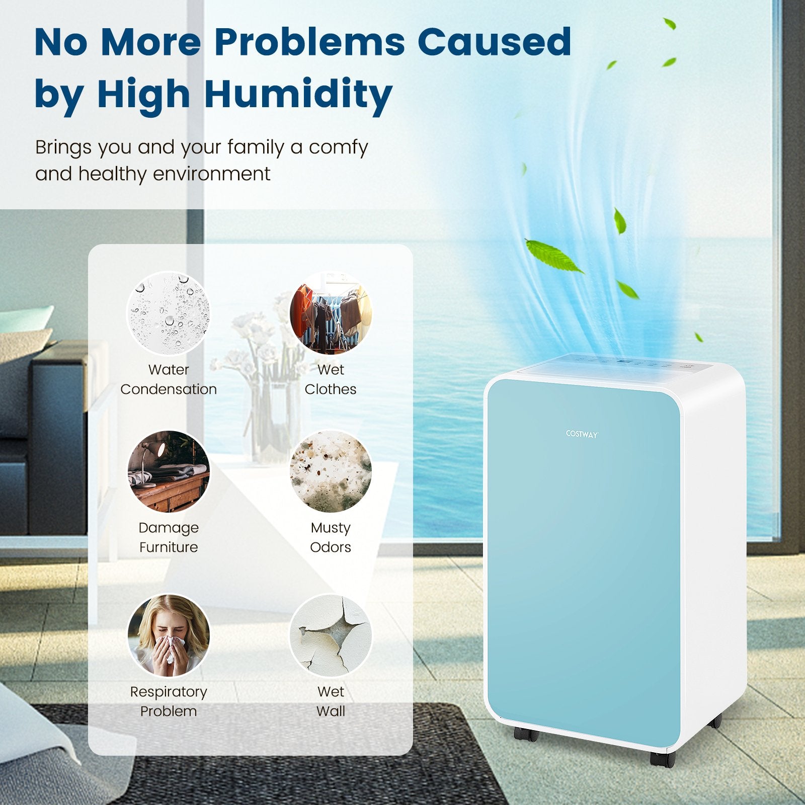 32 Pints/Day Portable Quiet Dehumidifier for Rooms up to 2500 Sq. Ft, Blue Dehumidifiers   at Gallery Canada