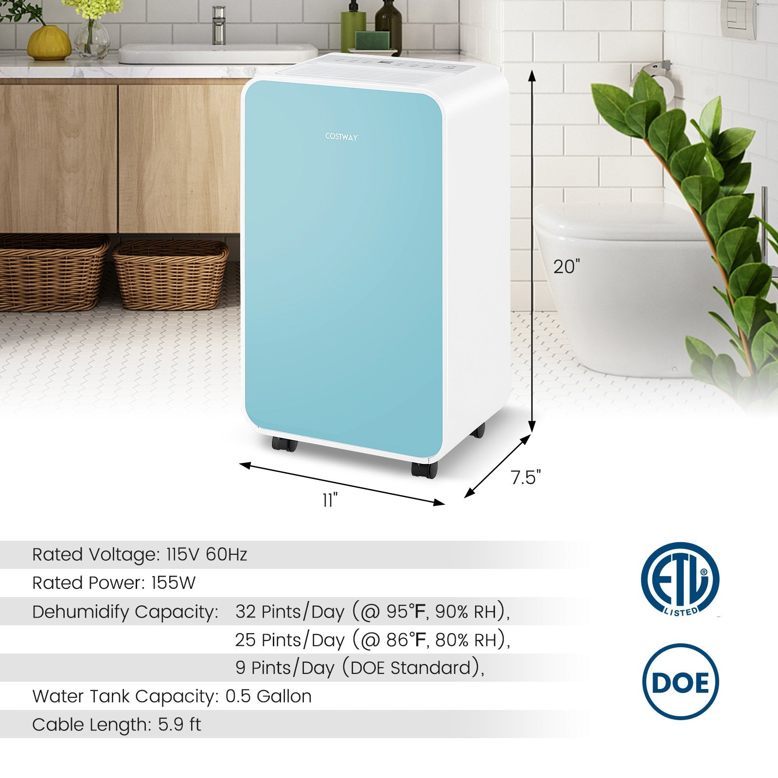 32 Pints/Day Portable Quiet Dehumidifier for Rooms up to 2500 Sq. Ft, Blue Dehumidifiers   at Gallery Canada