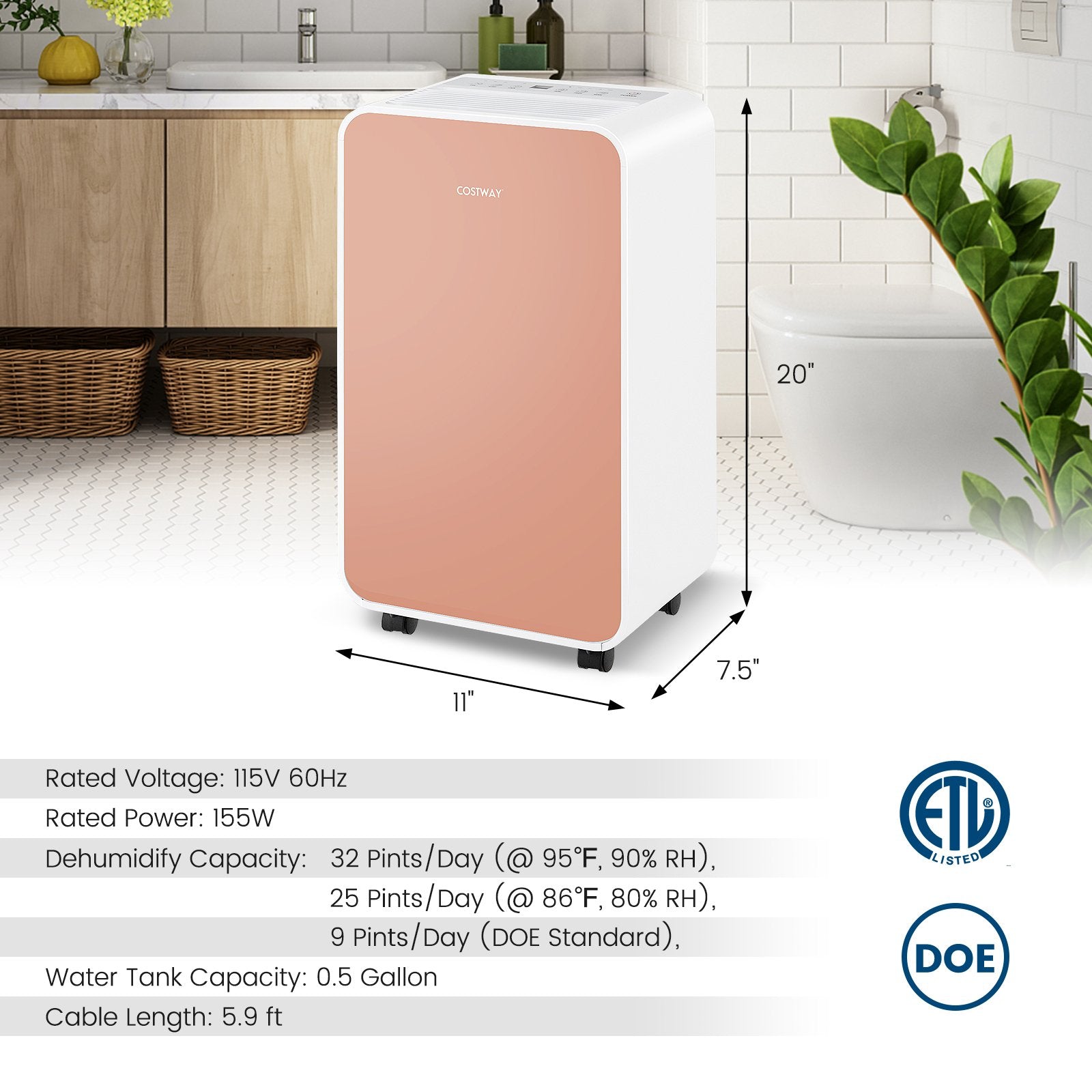 32 Pints/Day Portable Quiet Dehumidifier for Rooms up to 2500 Sq. Ft, Pink Dehumidifiers   at Gallery Canada