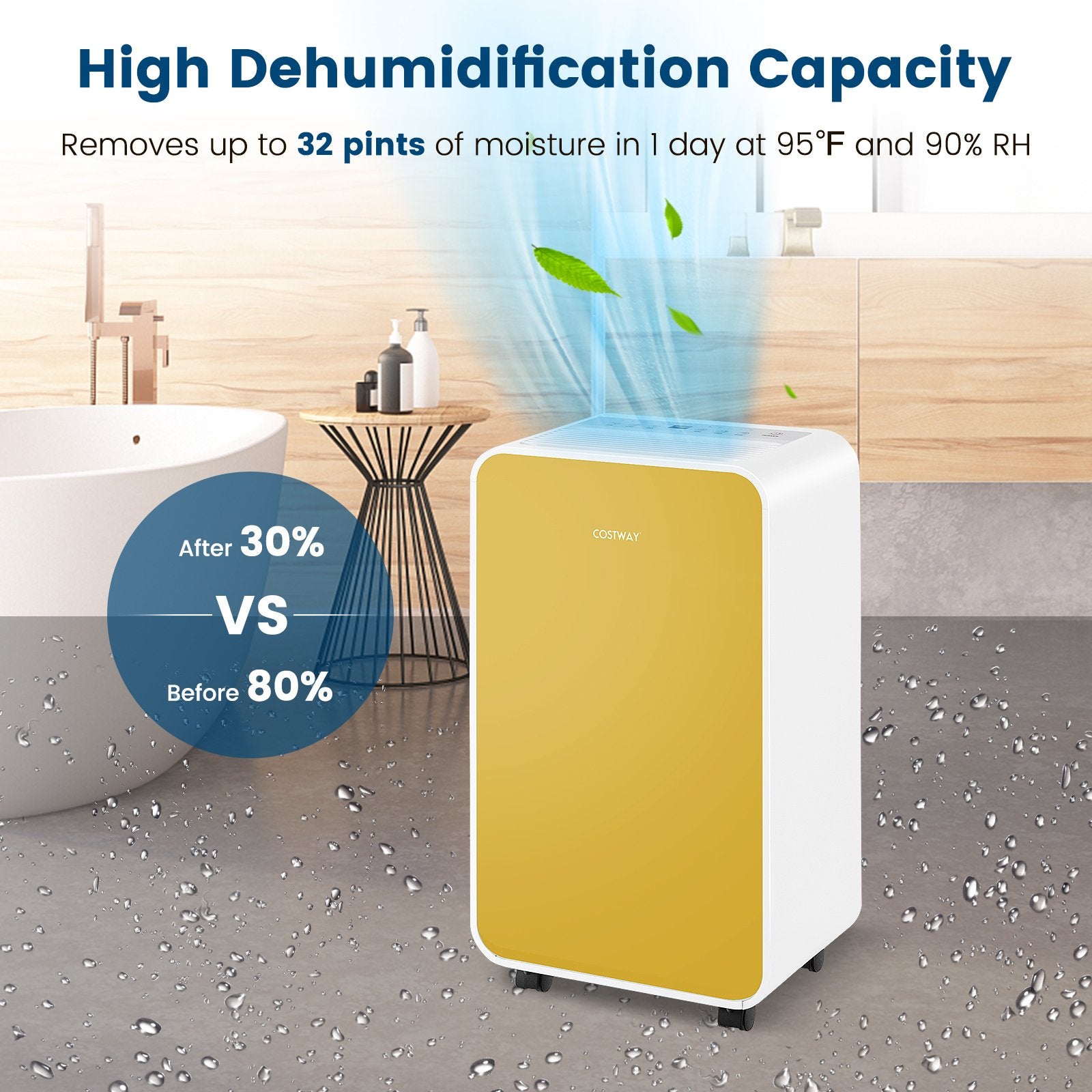 32 Pints/Day Portable Quiet Dehumidifier for Rooms up to 2500 Sq. Ft, Yellow Dehumidifiers   at Gallery Canada