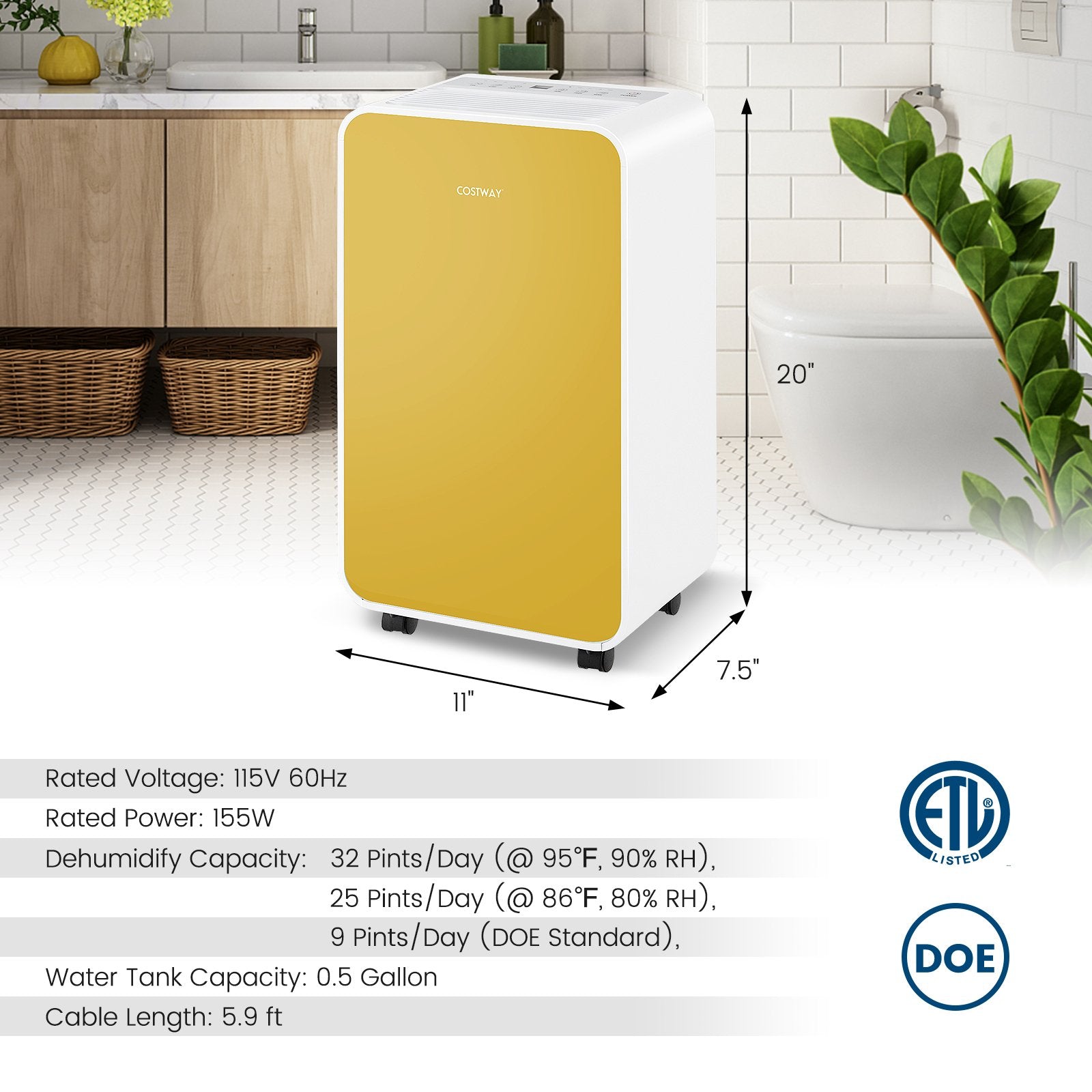 32 Pints/Day Portable Quiet Dehumidifier for Rooms up to 2500 Sq. Ft, Yellow Dehumidifiers   at Gallery Canada