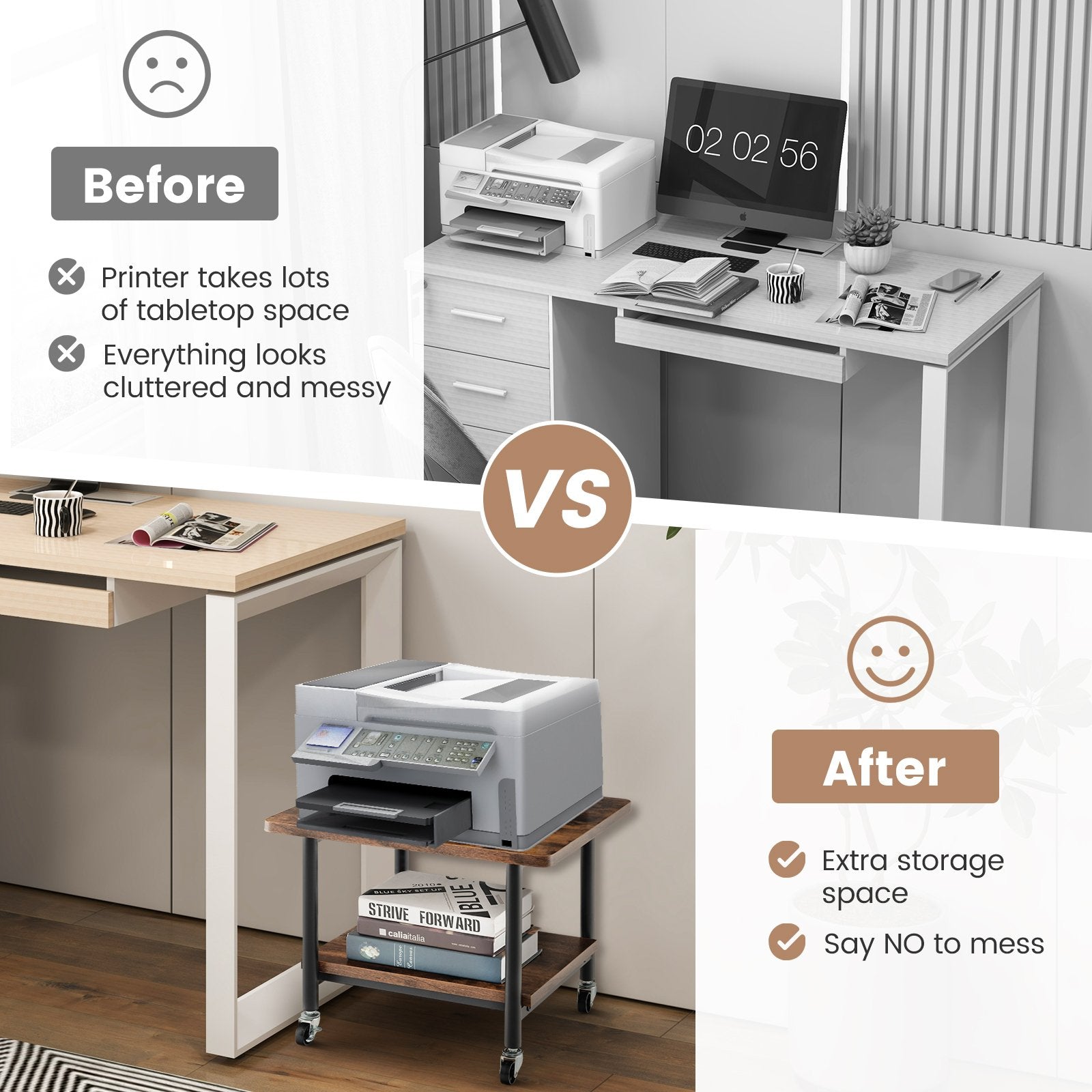 Under Desk Printer Stand with 360° Swivel Casters, Brown Laptop Tables & Printer Stands   at Gallery Canada