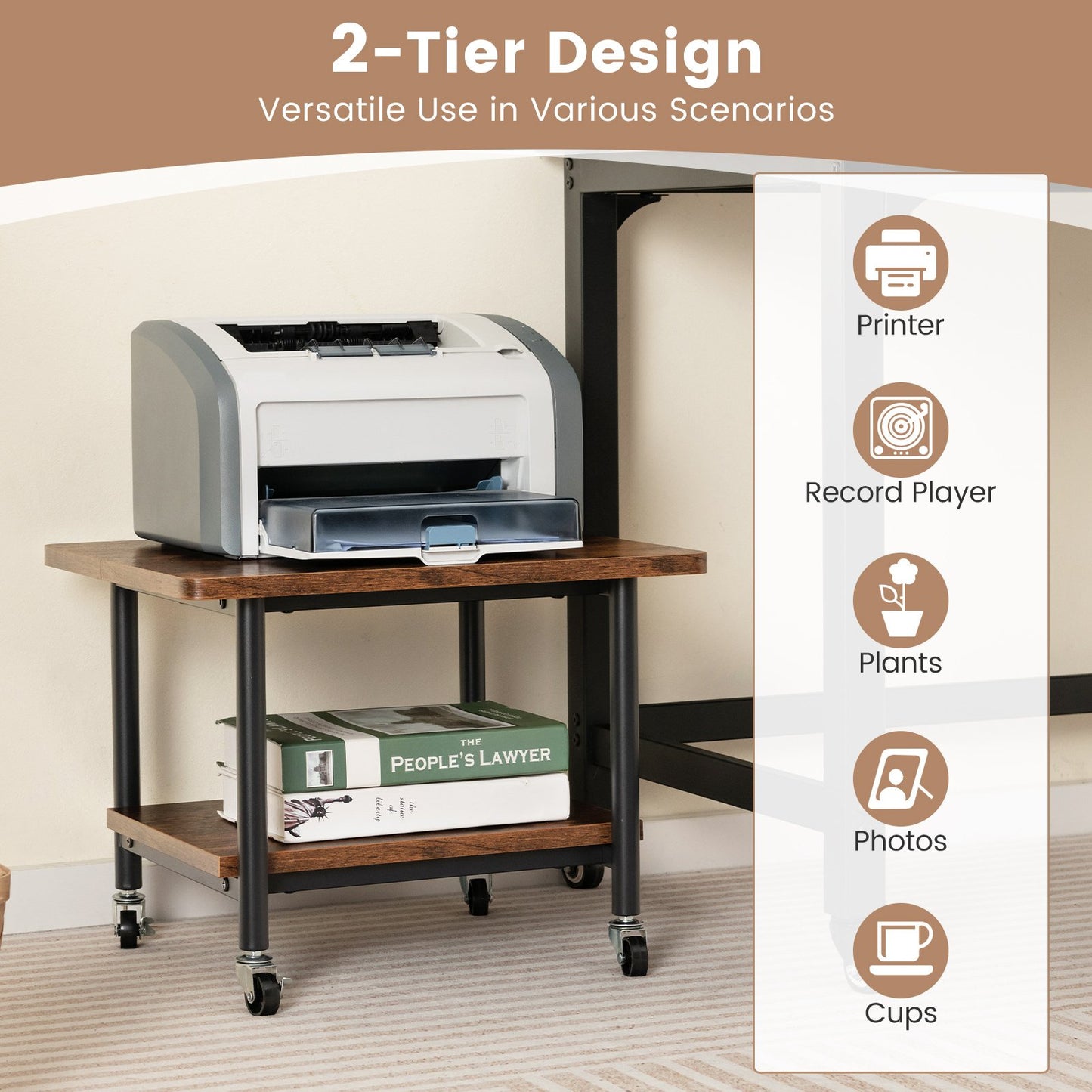 Under Desk Printer Stand with 360° Swivel Casters, Brown Laptop Tables & Printer Stands   at Gallery Canada