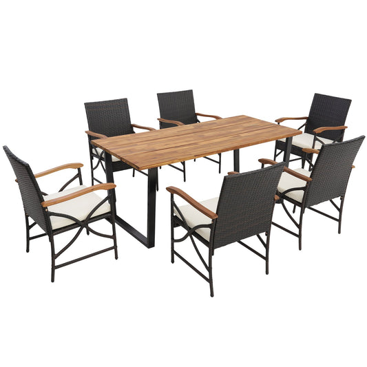 Acacia Wood Table and 6 Wicker Chairs with Umbrella Hole-X-side Handrail - Gallery Canada