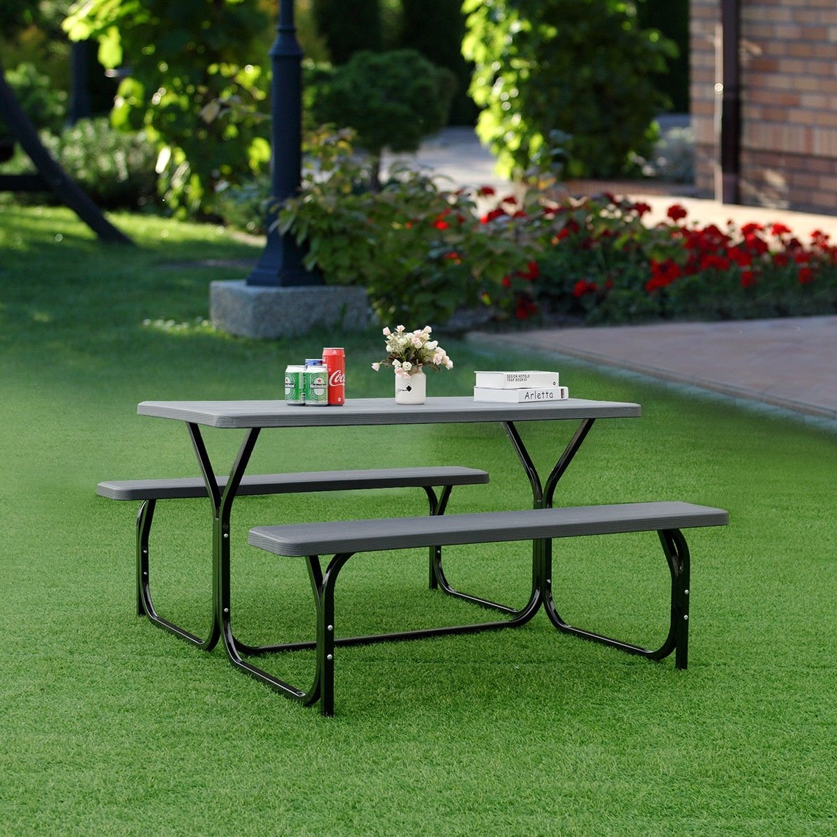 HDPE Outdoor Picnic Table Bench Set with Metal Base, Black Picnic Tables   at Gallery Canada