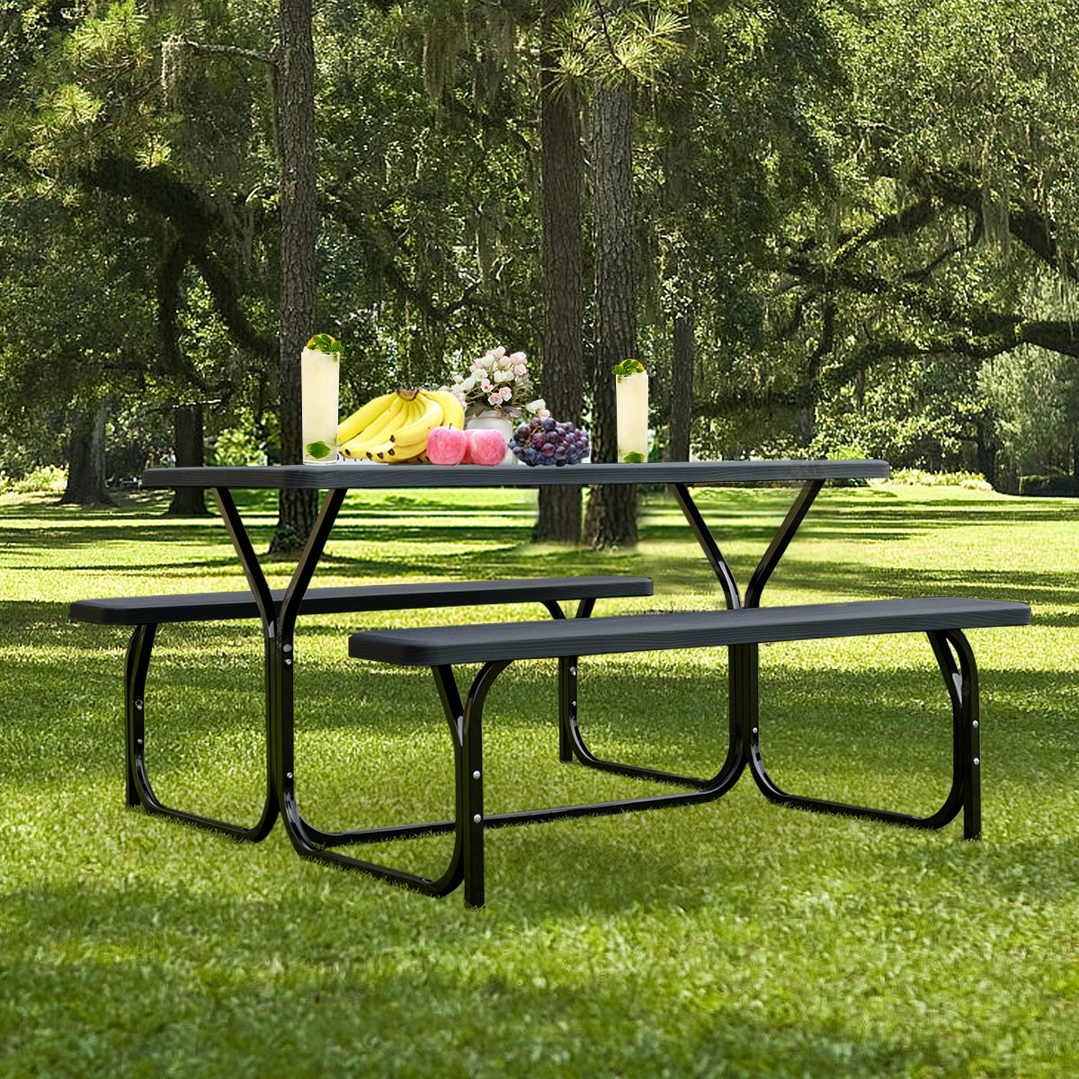 HDPE Outdoor Picnic Table Bench Set with Metal Base, Black Picnic Tables   at Gallery Canada