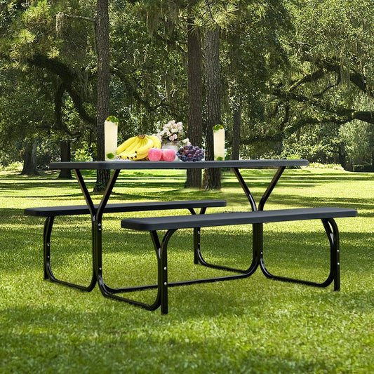 HDPE Outdoor Picnic Table Bench Set with Metal Base, Black - Gallery Canada