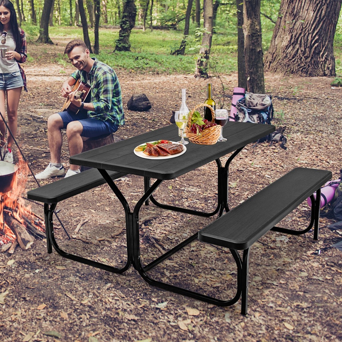 HDPE Outdoor Picnic Table Bench Set with Metal Base, Black Picnic Tables   at Gallery Canada