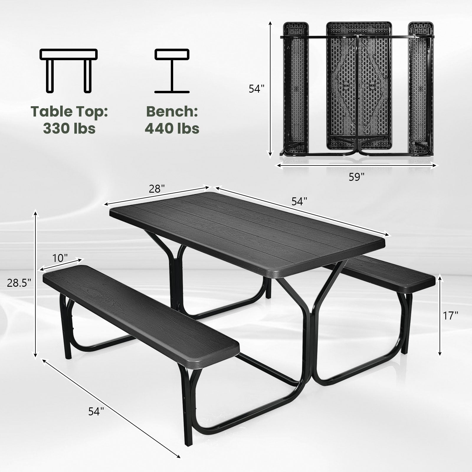 HDPE Outdoor Picnic Table Bench Set with Metal Base, Black Picnic Tables   at Gallery Canada