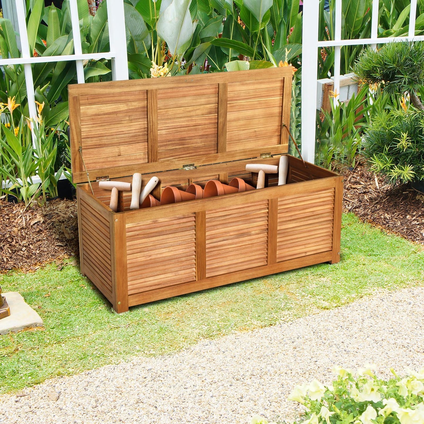 47 Gallon Acacia Wood Storage Bench Box for Patio Garden Deck, Natural - Gallery Canada