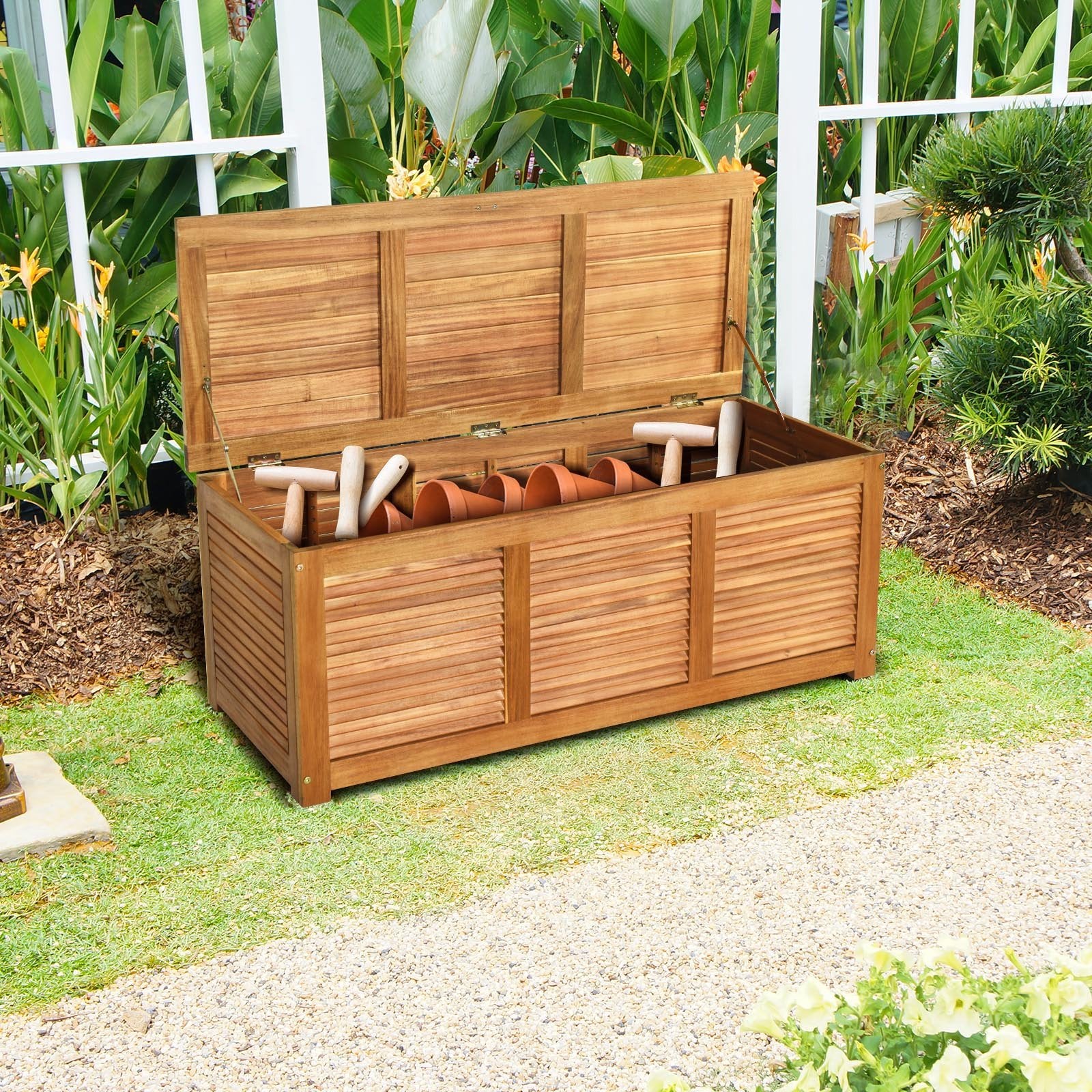 47 Gallon Acacia Wood Storage Bench Box for Patio Garden Deck, Natural Sheds & Outdoor Storage   at Gallery Canada