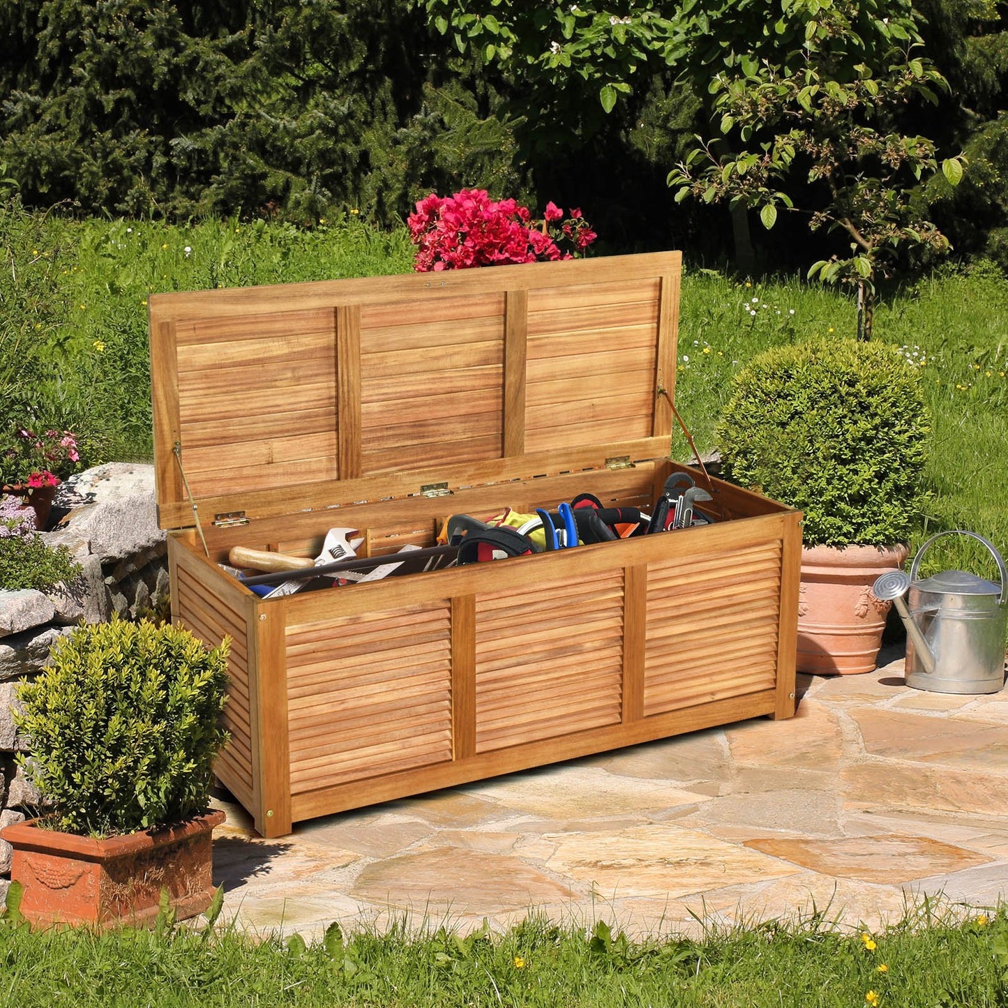 47 Gallon Acacia Wood Storage Bench Box for Patio Garden Deck, Natural - Gallery Canada