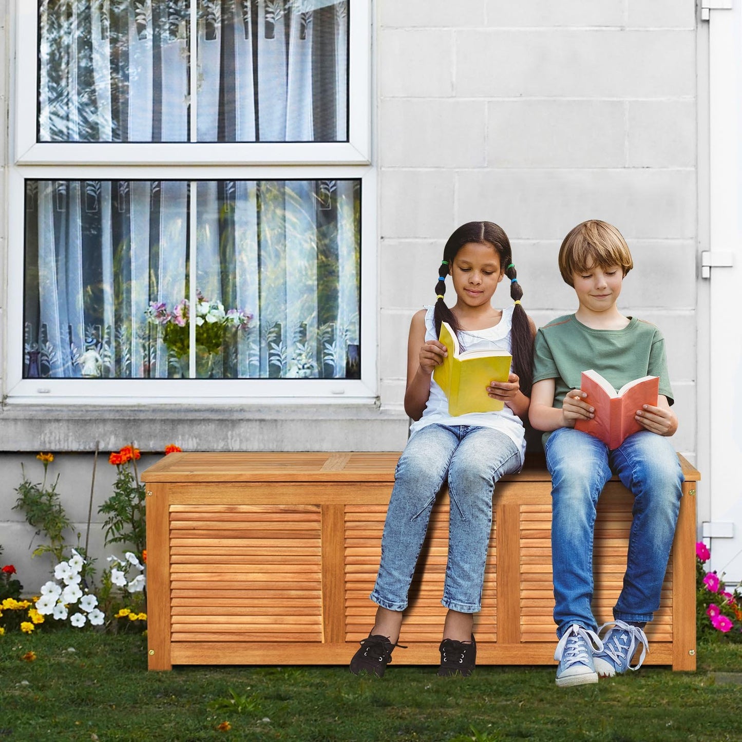 47 Gallon Acacia Wood Storage Bench Box for Patio Garden Deck, Natural Sheds & Outdoor Storage   at Gallery Canada