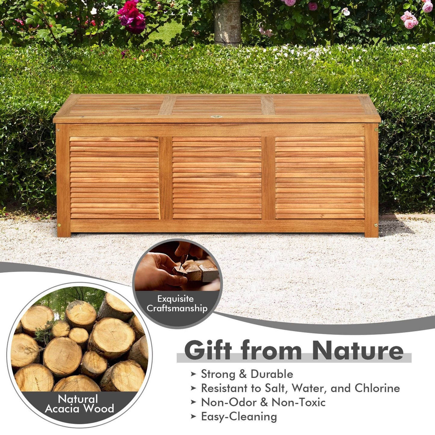 47 Gallon Acacia Wood Storage Bench Box for Patio Garden Deck, Natural - Gallery Canada