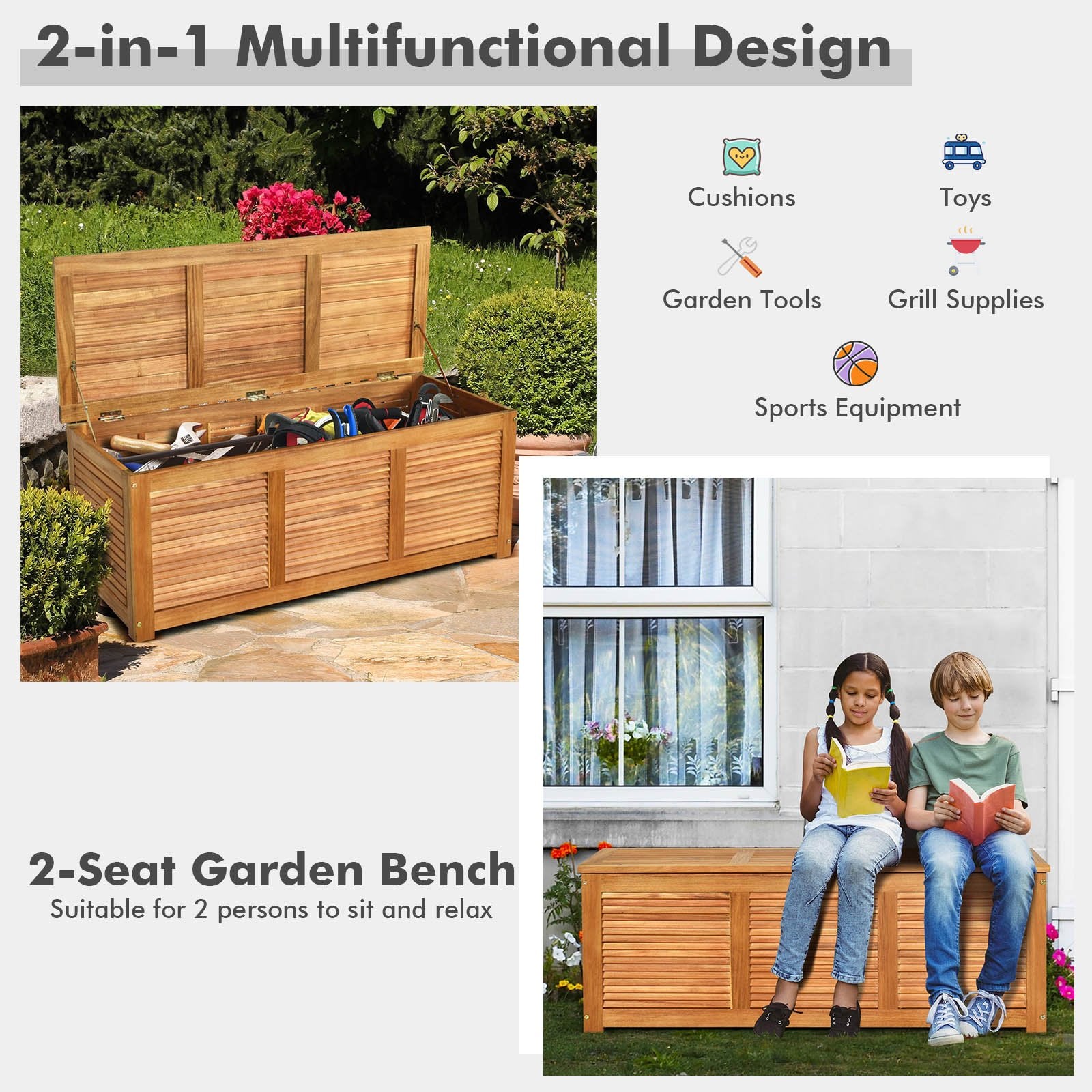 47 Gallon Acacia Wood Storage Bench Box for Patio Garden Deck, Natural Sheds & Outdoor Storage   at Gallery Canada