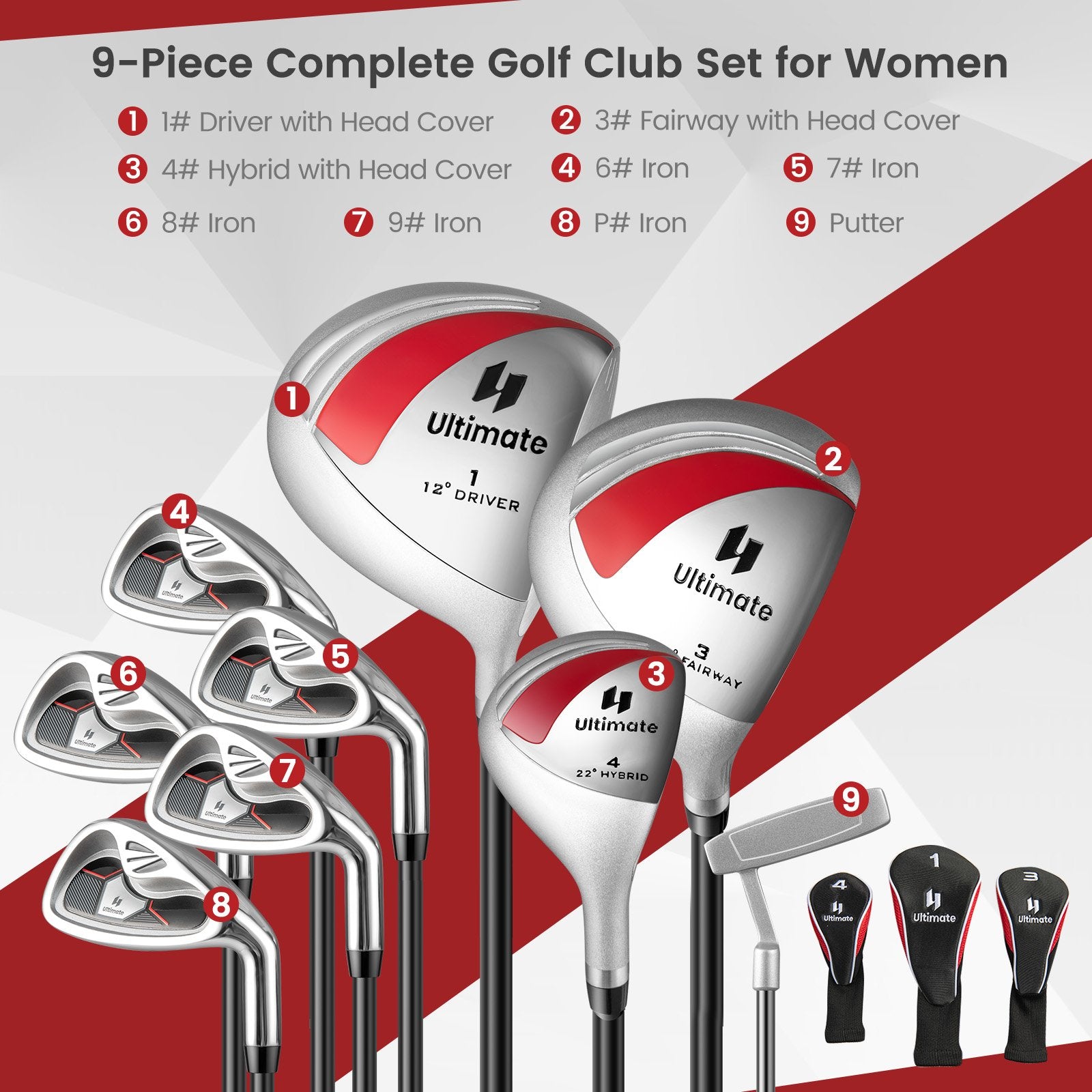 Women's 9 Pieces Complete Golf Club Set, Red Golf   at Gallery Canada