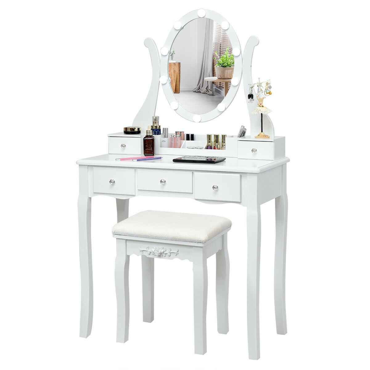 10 Dimmable Lights Vanity Table Set with Lighted Mirror and Cushioned Stool, White Makeup Vanities   at Gallery Canada